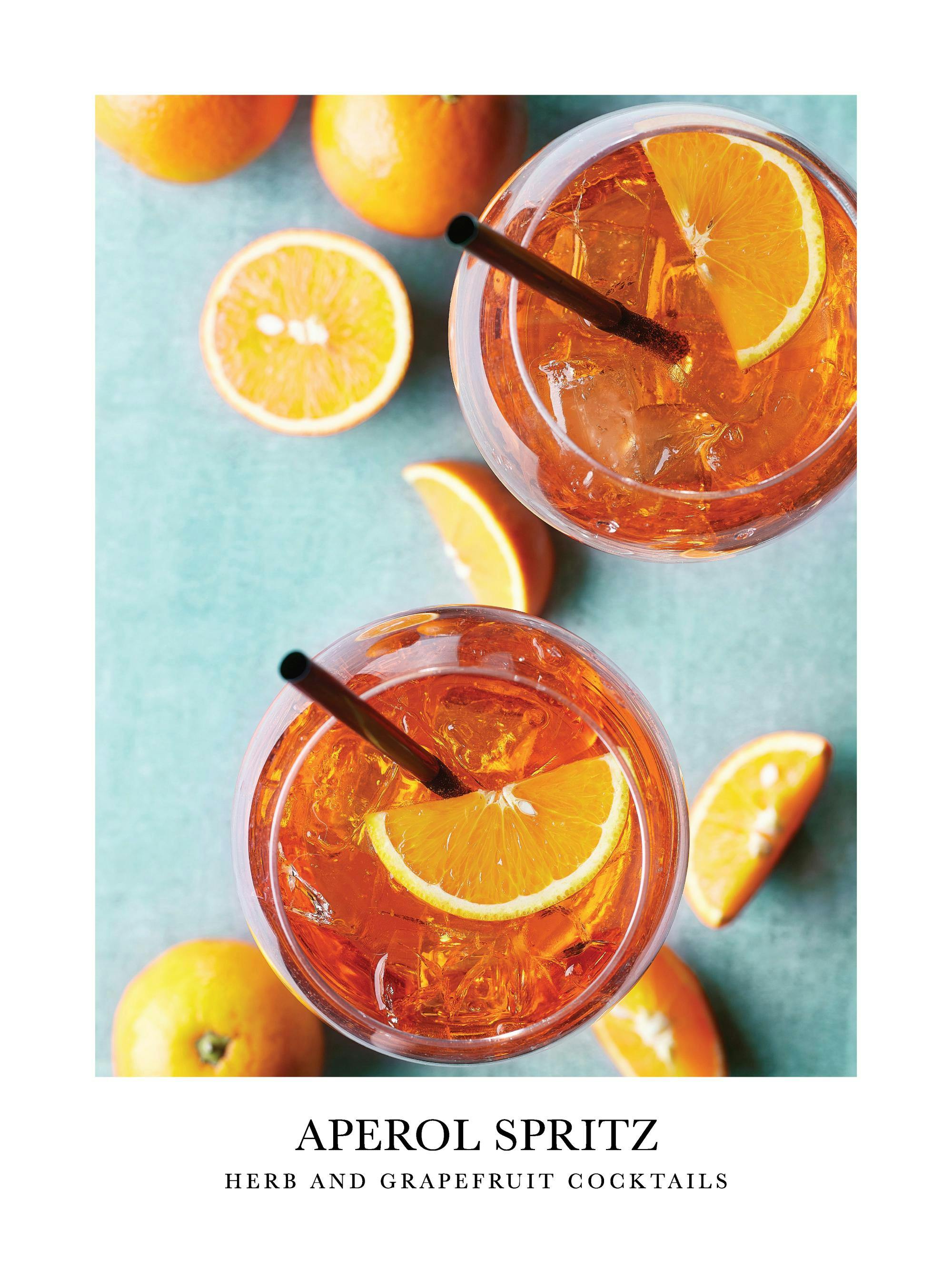 Poster mit zwei Aperol Spritz Cocktails, garniert mit Orangenscheiben, Eiswürfeln und Strohhalmen, umgeben von frischen Orangen.
