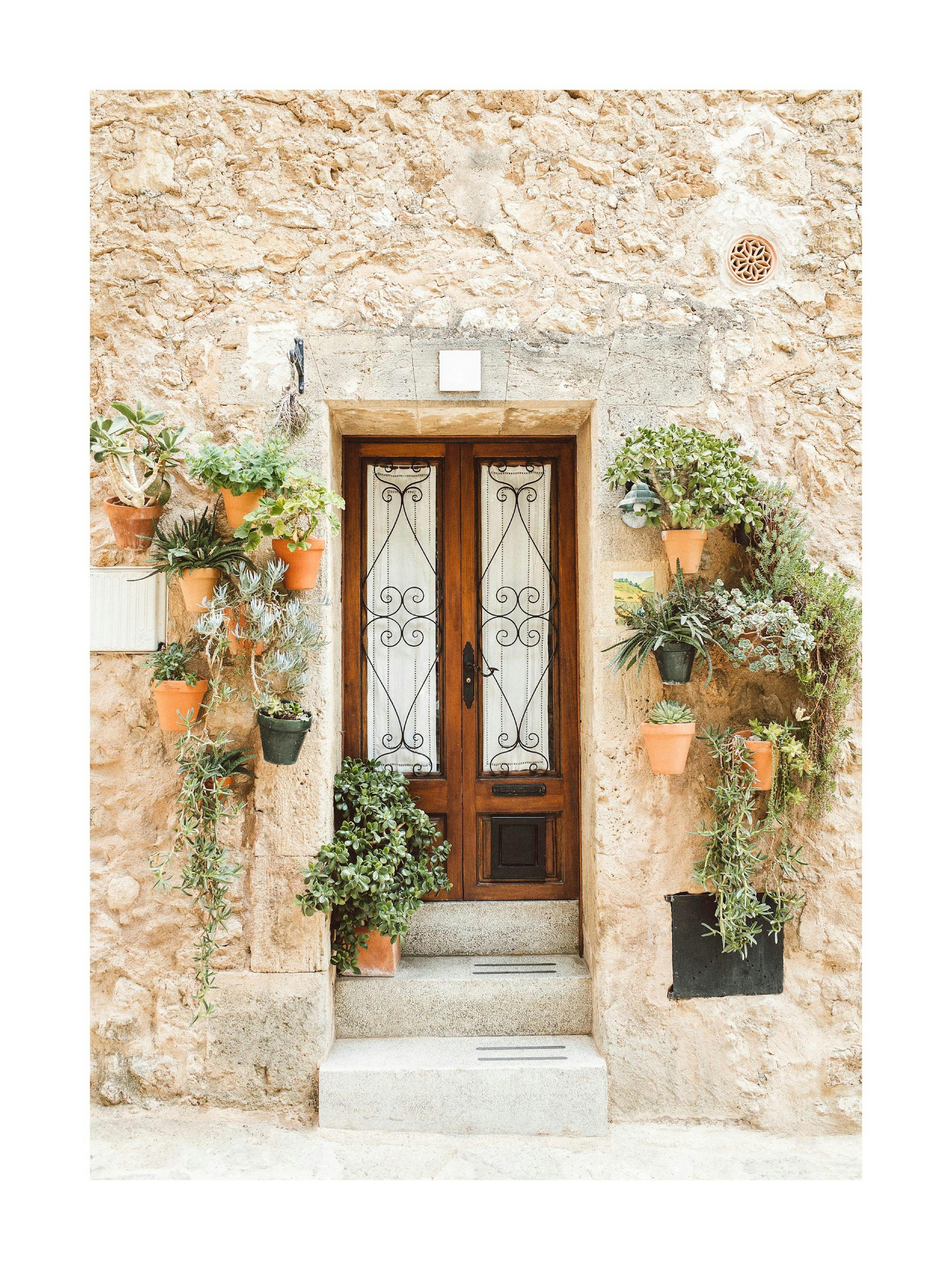 Un póster de una puerta de madera oscura con escalones de piedra y macetas colgantes llenas de plantas verdes.