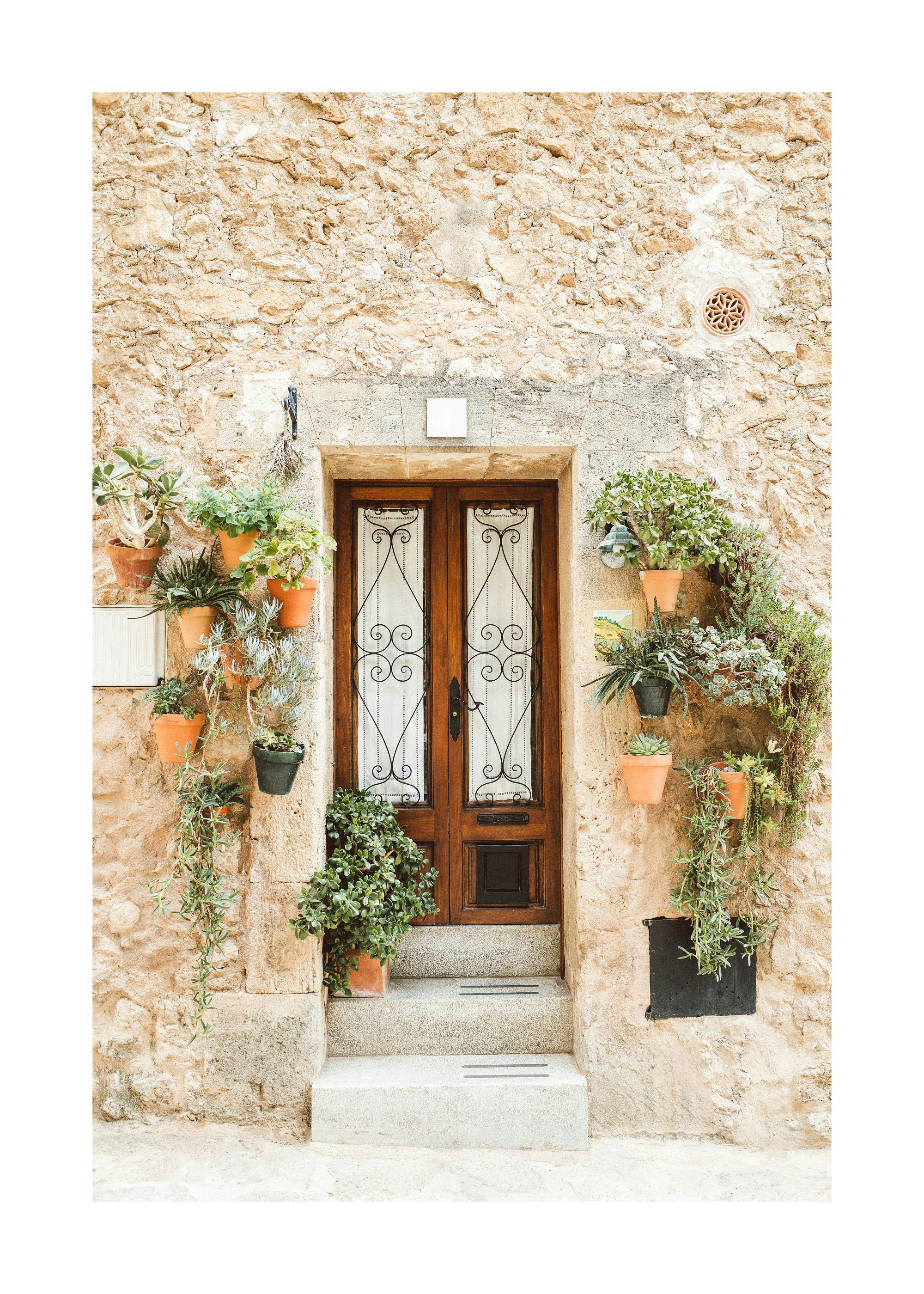 A poster featuring a rustic stone wall with a wooden door, adorned with many potted plants and cascading greenery.