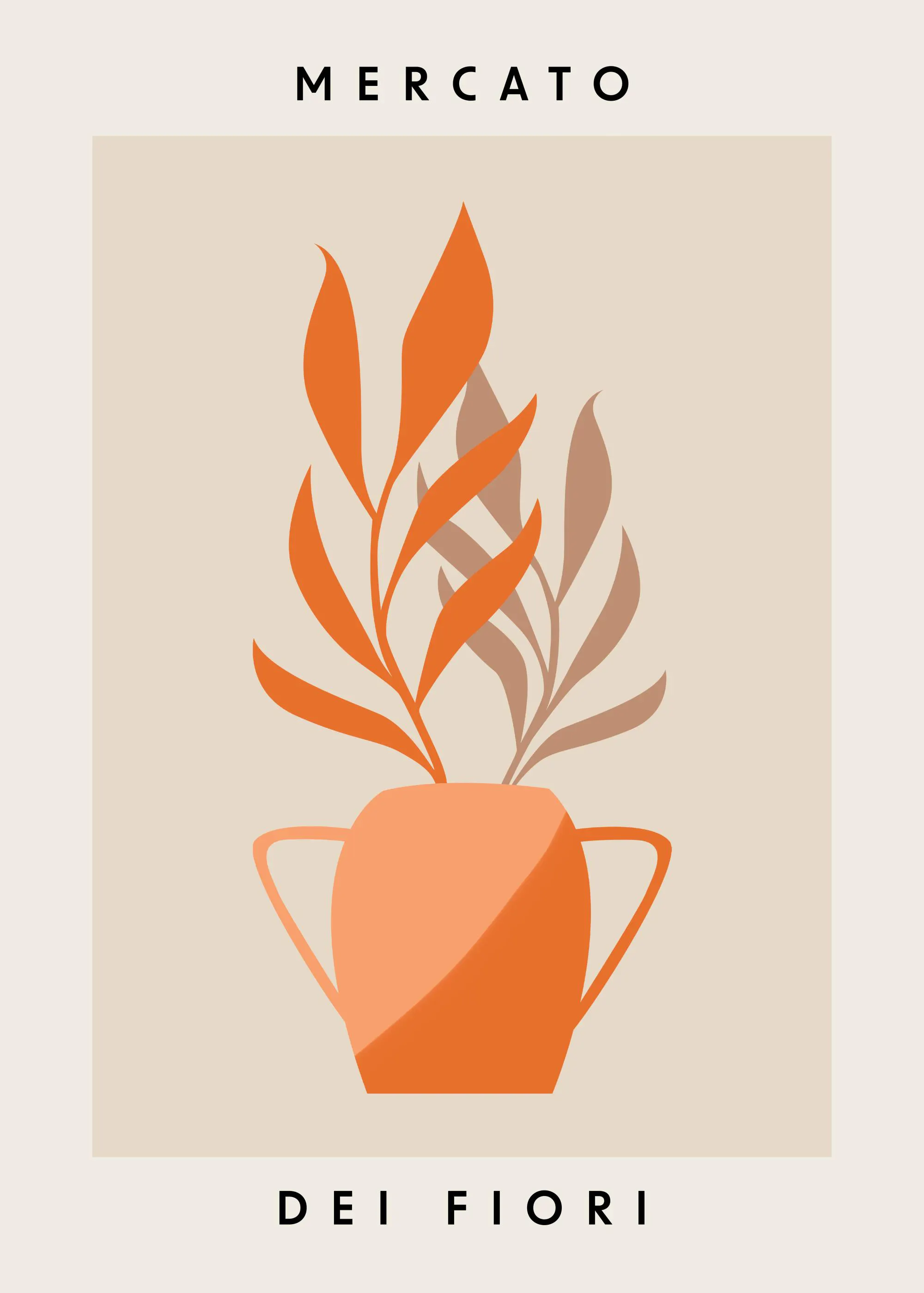 Plakát s ilustrací oranžové a hnědé rostliny v květináči, s textem MERCATO DEI FIORI.
