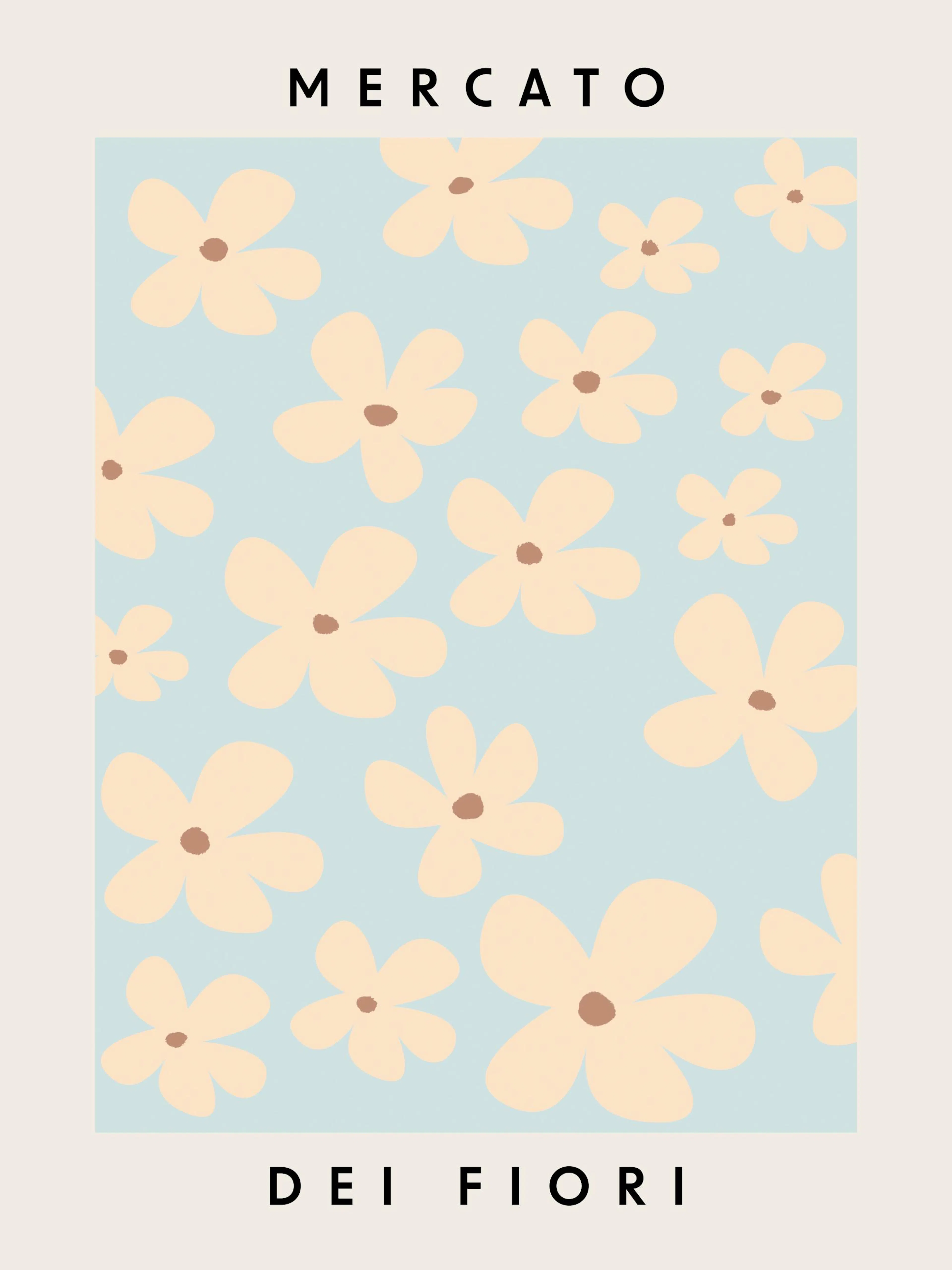 Ein Poster mit beigefarbenen Blumen auf hellblauem Hintergrund und dem Text MERCATO DEI FIORI.