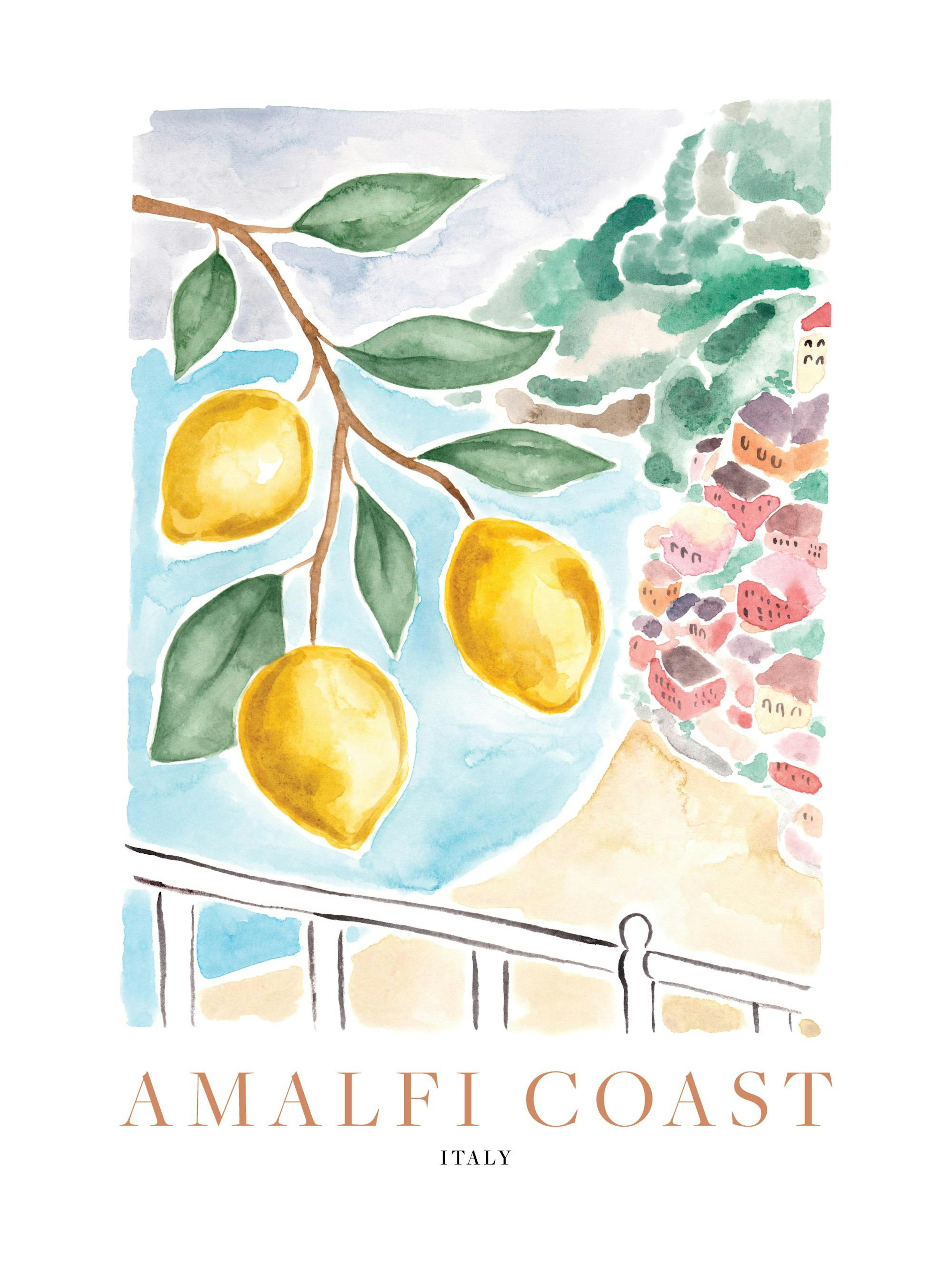 A watercolor poster depicting lemons on a branch overlooking the colorful cliffside houses of Amalfi Coast, Italy.