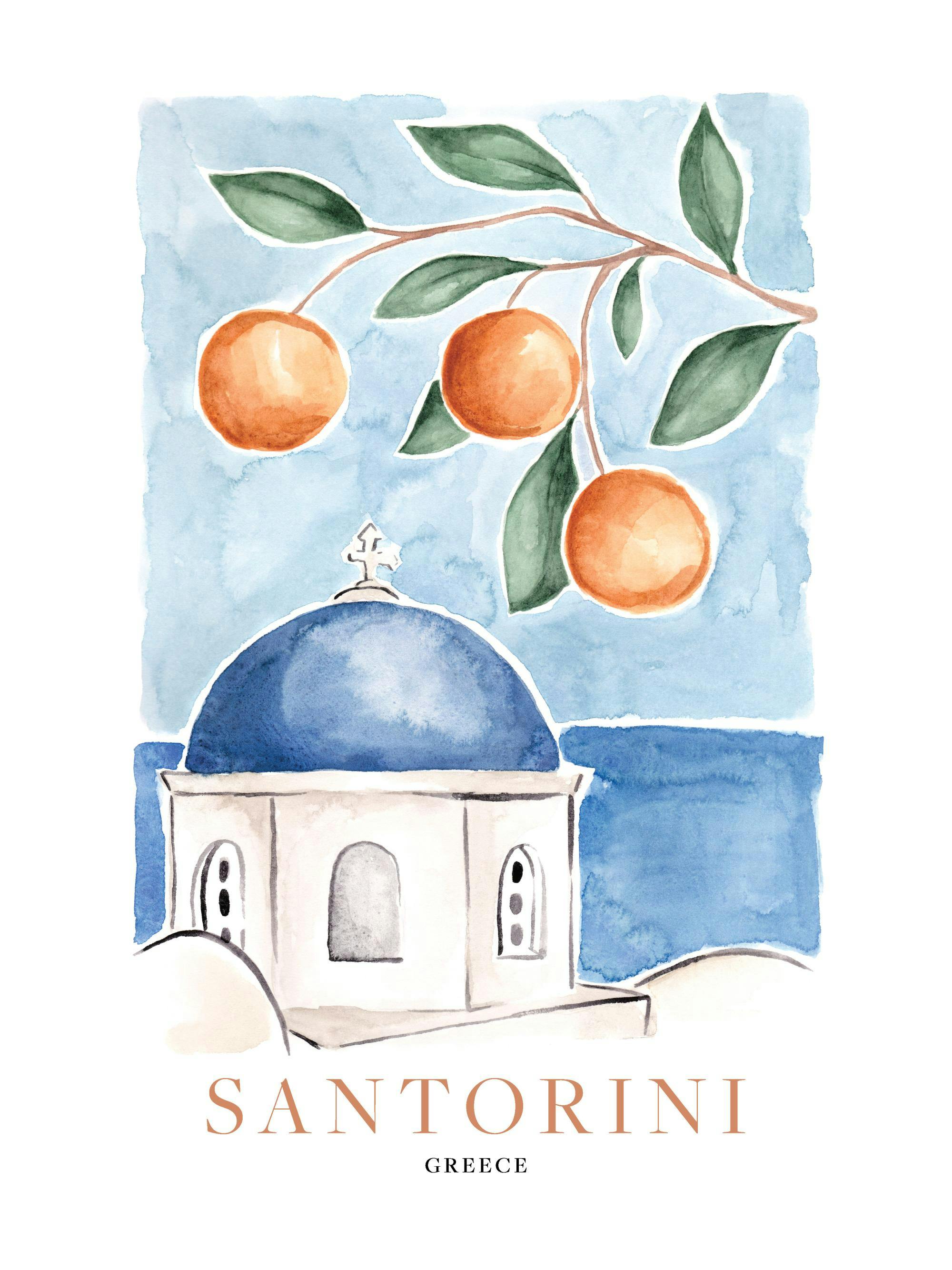 Ein Poster mit einer Aquarell-Illustration von Gebäuden mit blauen Dächern und Orangenbäumen auf Santorin.