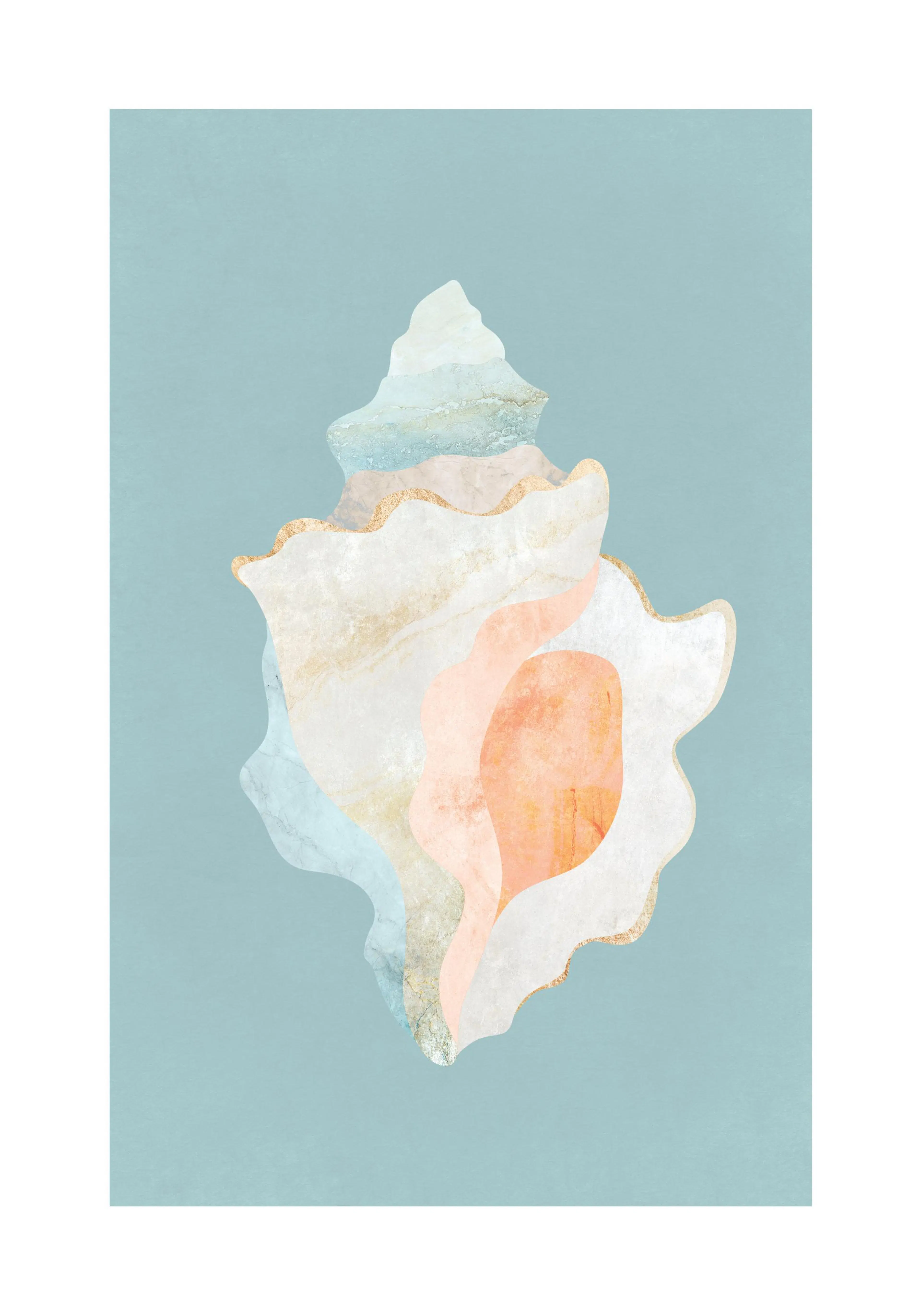 Een poster met een abstracte schelpvorm in beige, perzik en blauw, met gouden accenten, op een lichtblauwe achtergrond.