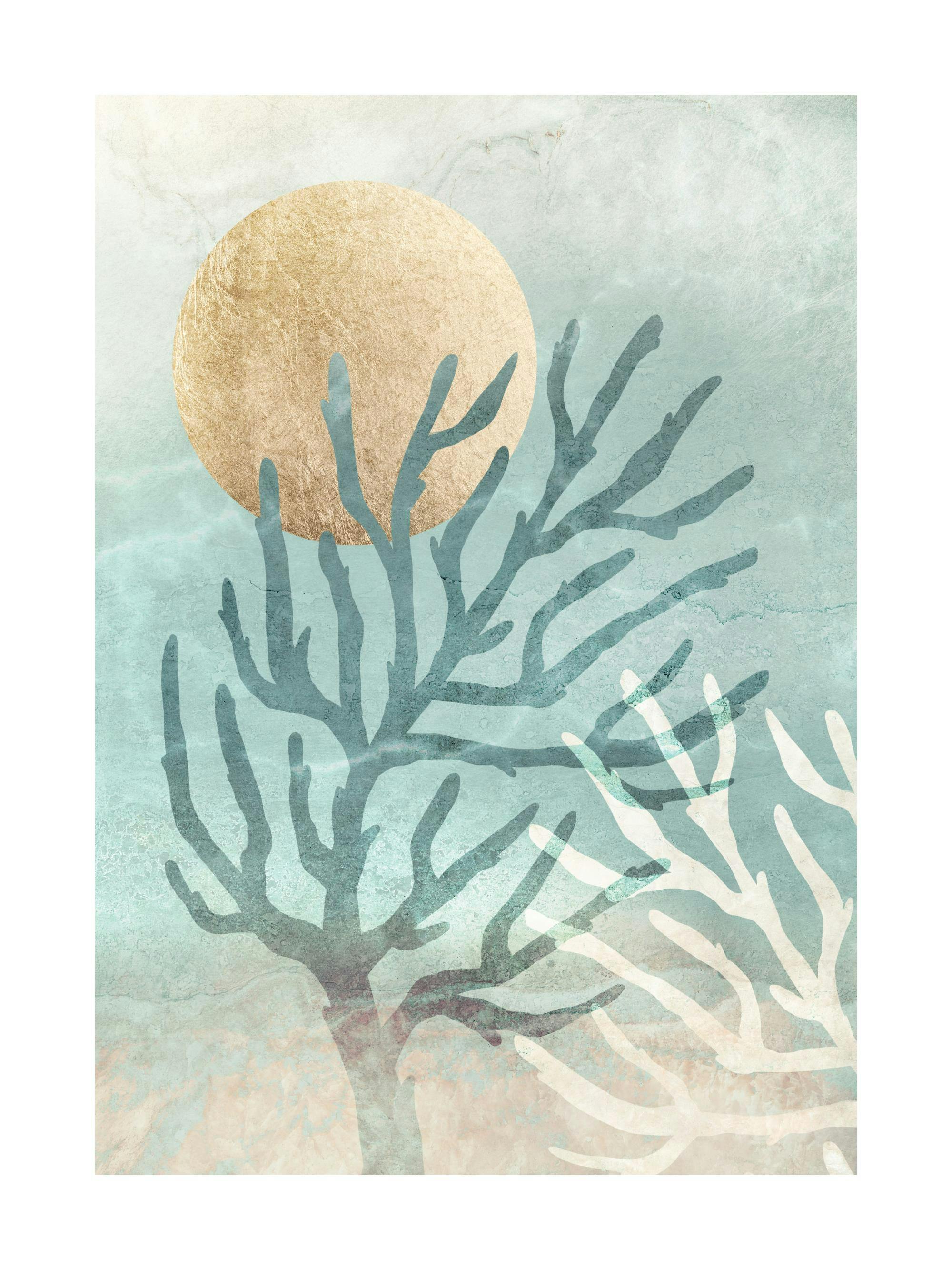 A poster featuring a gold sun and blue and white abstract coral shapes on a textured blue and beige background.
