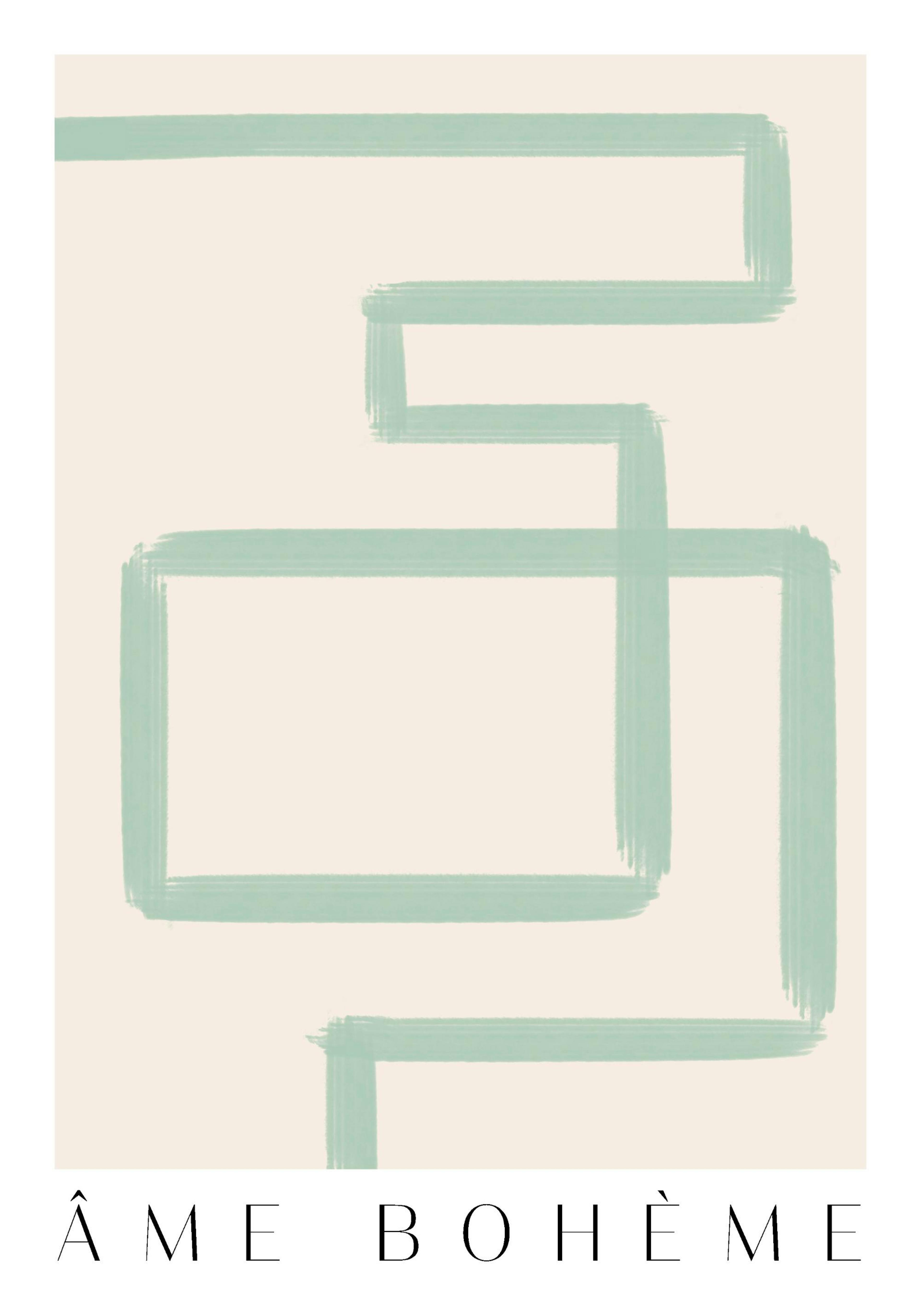 Ein Poster mit abstrakten grünen Linien, die ein geometrisches Muster auf hellbeigem Hintergrund bilden.