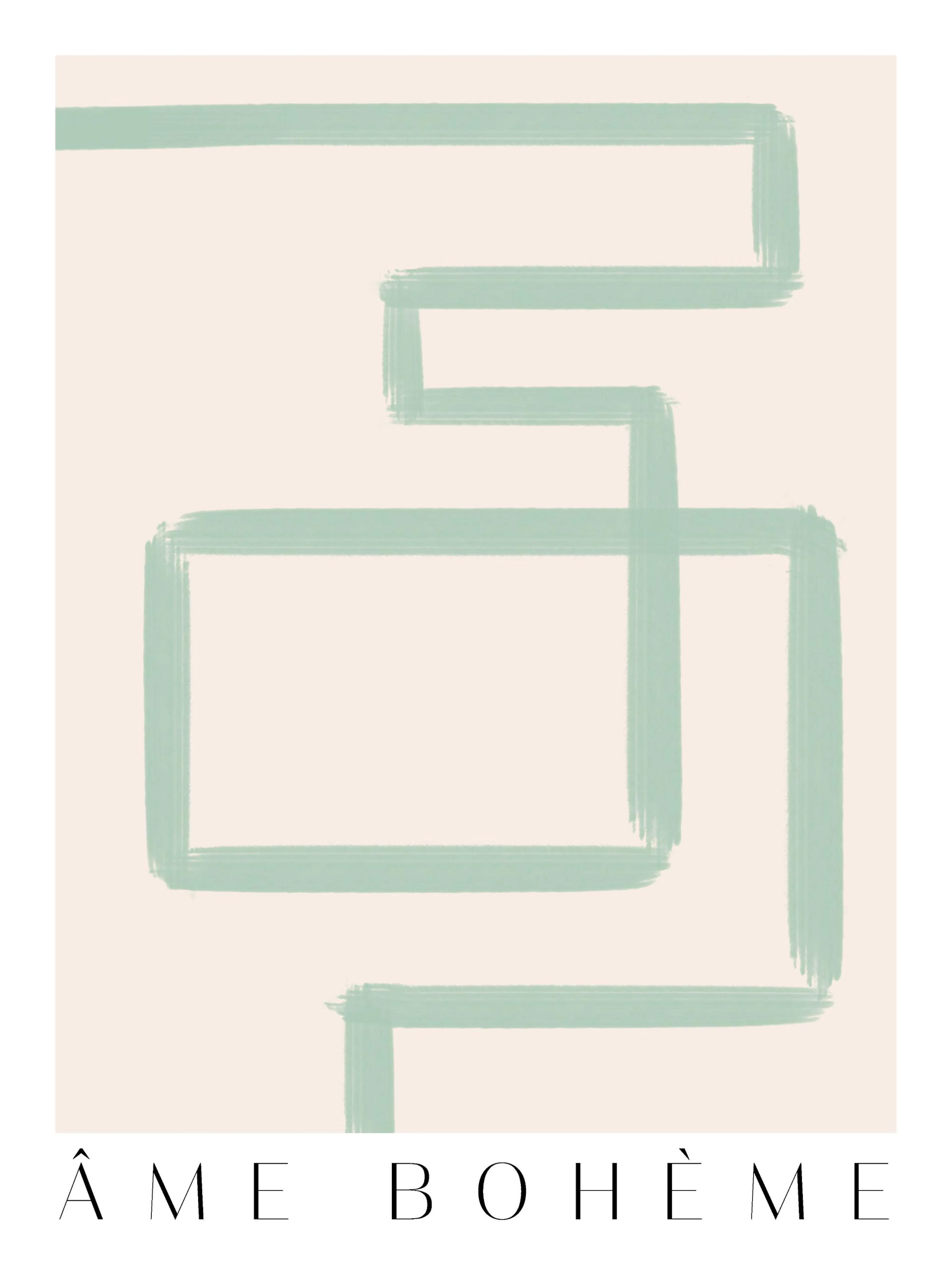 Poster con forme astratte verdi su sfondo beige chiaro, con la scritta Âme Bohème in basso.