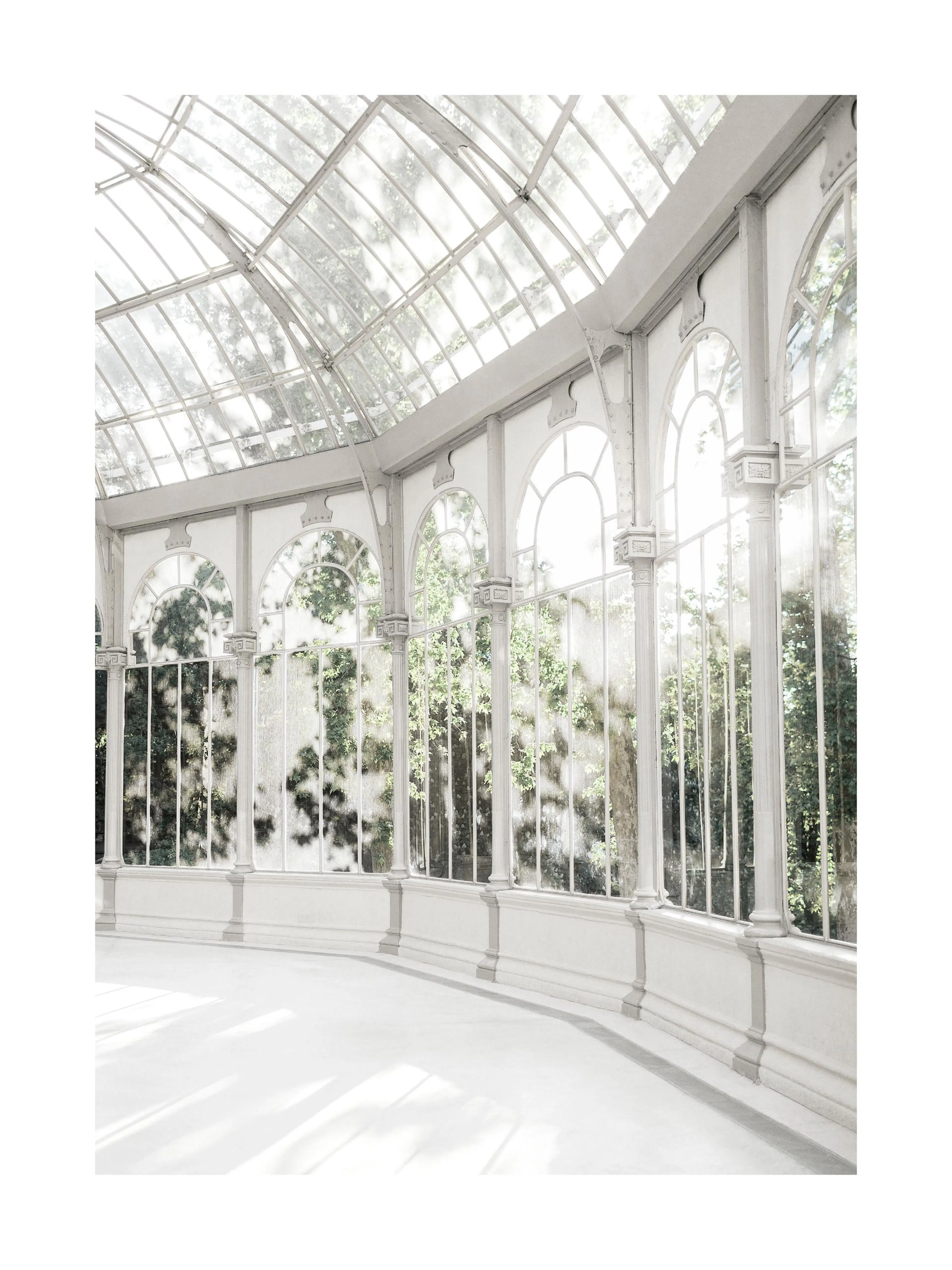 植物の緑が映るガラス張りの温室の内部を写したポスター。