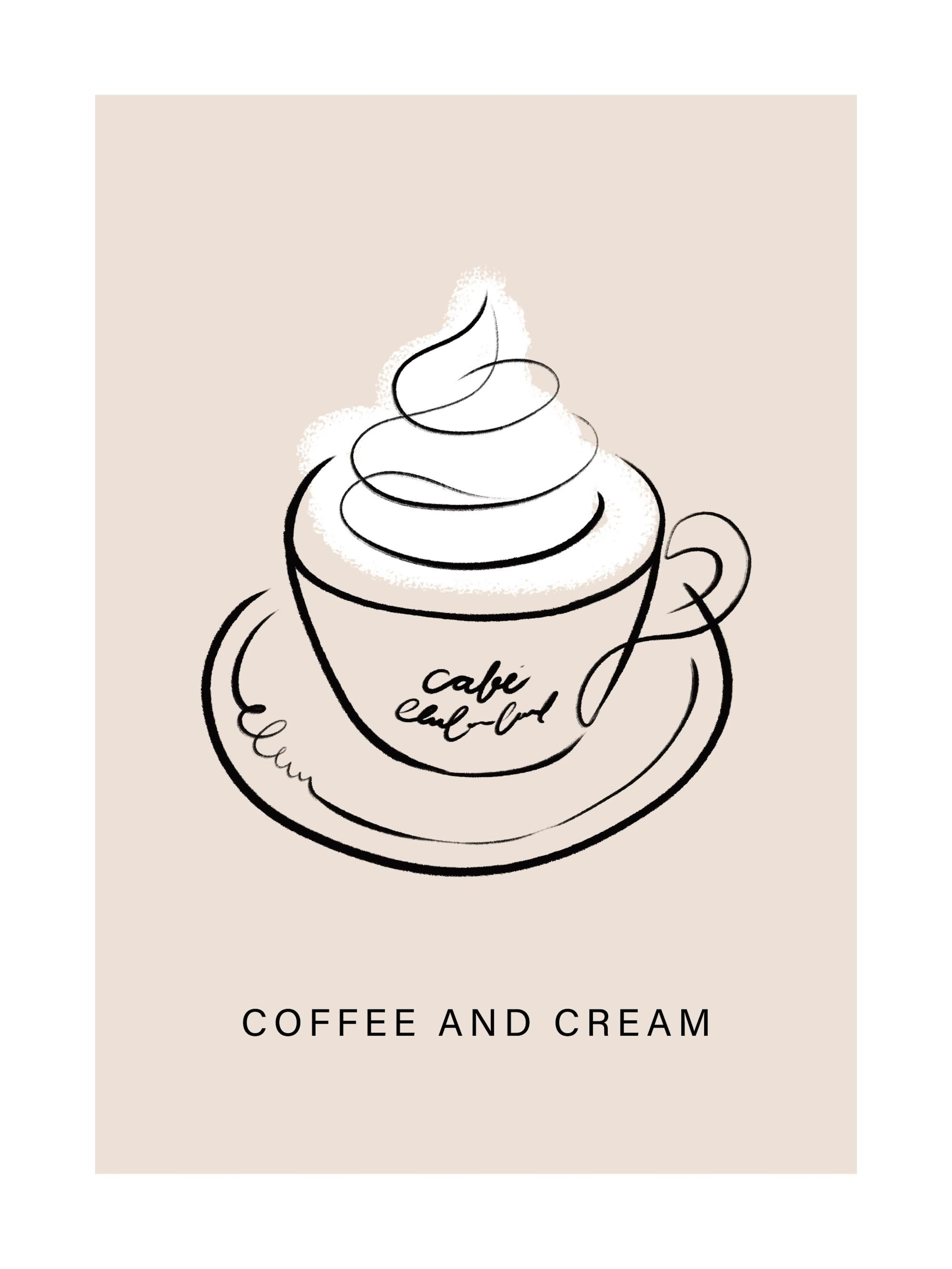 コーヒーカップとホイップクリームを描いた線画とテキストを配したポスター。
