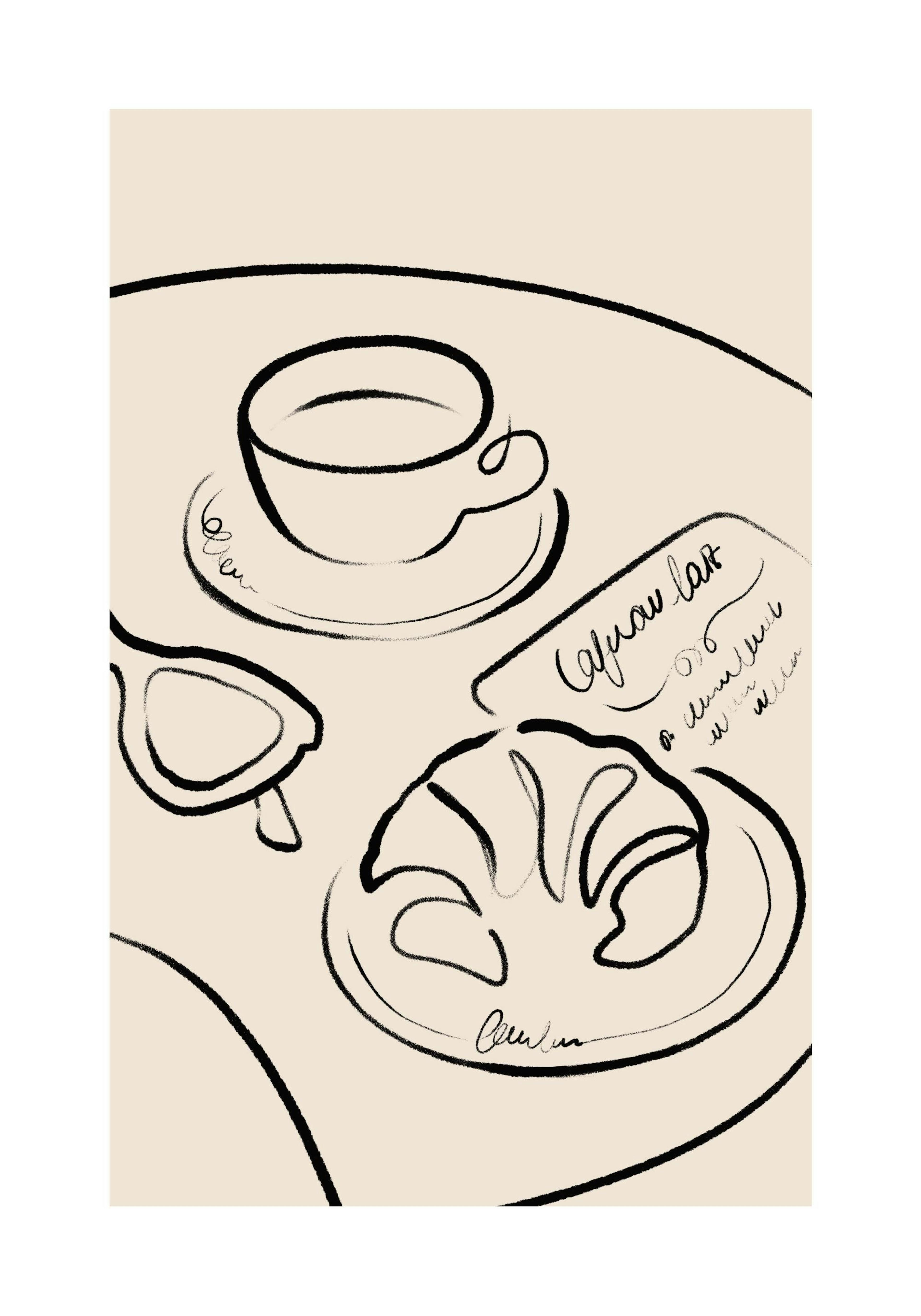 Poster mit skizzenhafter Darstellung eines Frühstücks mit Kaffee, Croissant und Sonnenbrille auf beigem Hintergrund.