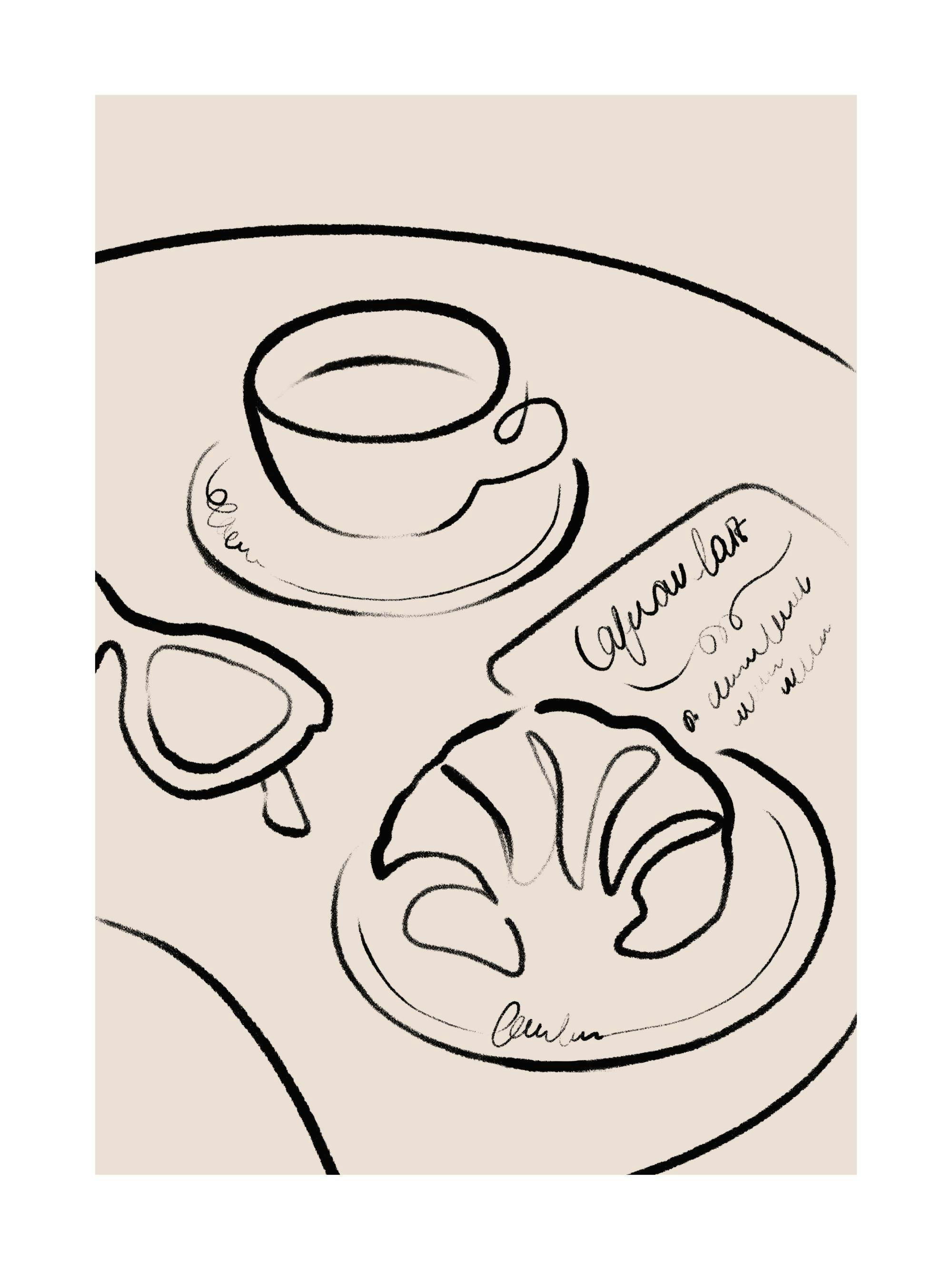 ベージュの背景に、コーヒーカップ、クロワッサン、サングラスが黒い線で描かれたミニマリストなポスター。