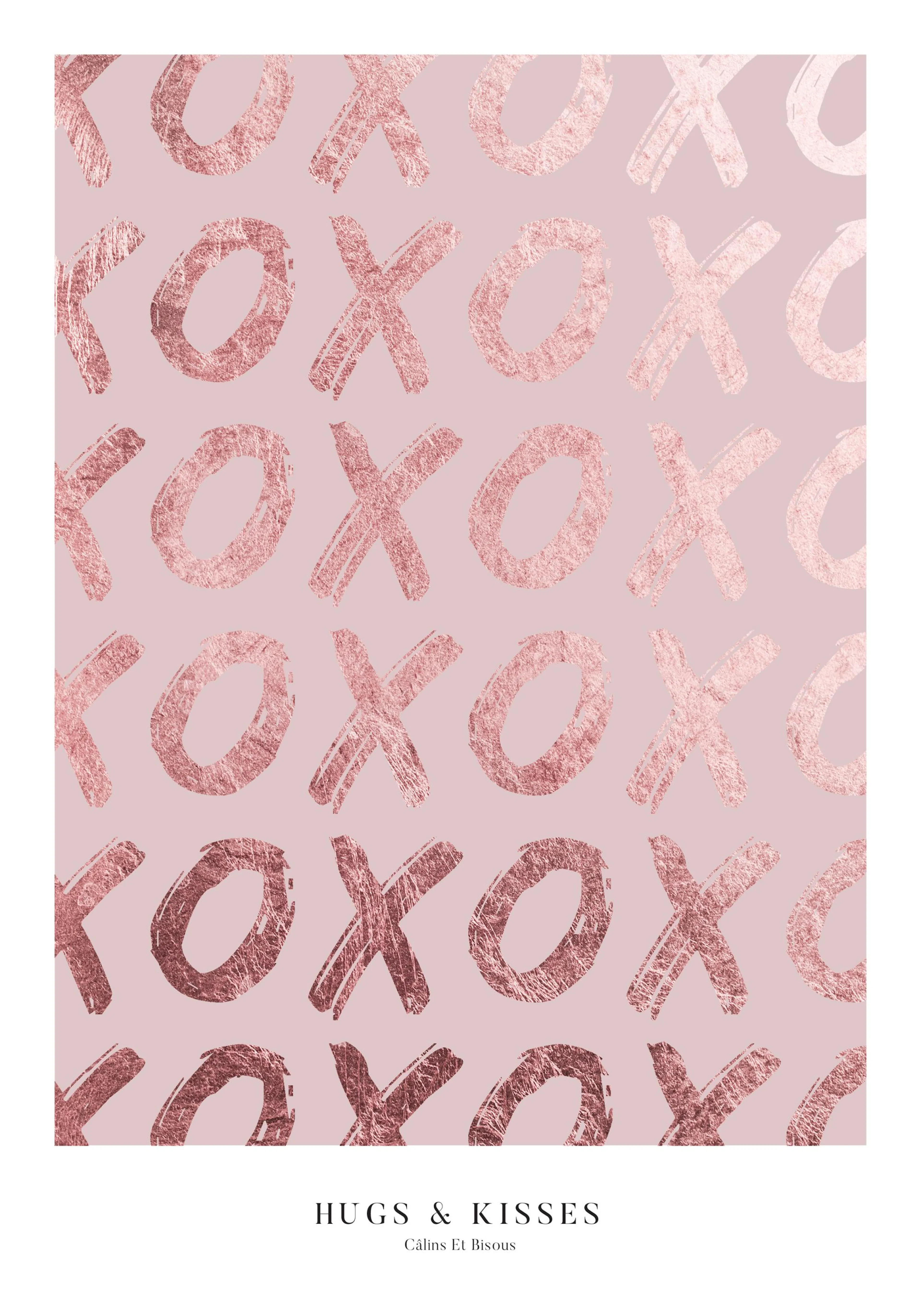 Een poster met een herhalend patroon van roze metallic XOXO-tekens op een lichtroze achtergrond, met de tekst HUGS & KISSES.