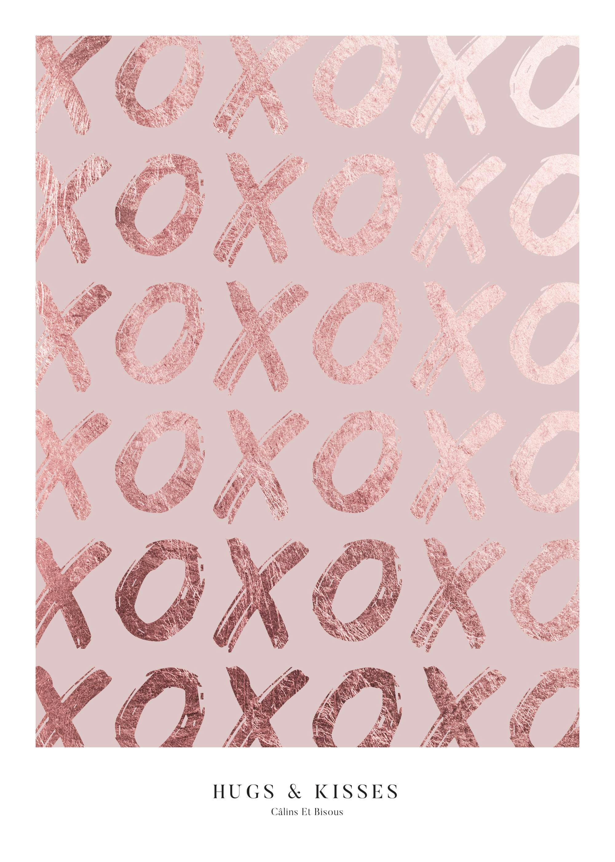 A poster featuring a repeating pattern of rose gold XOXO letters on a light pink background, with HUGS & KISSES printed below.