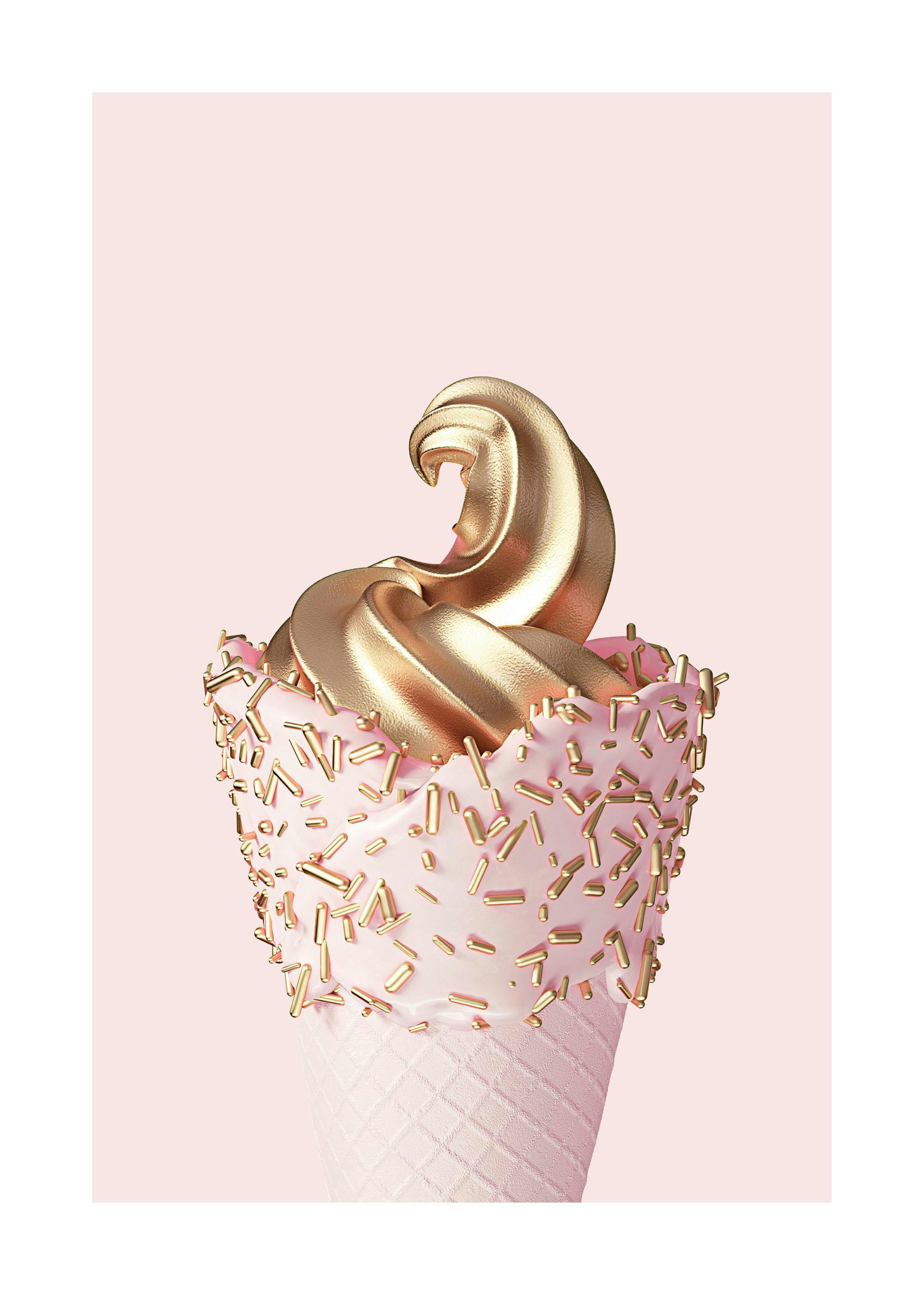 Poster eines rosafarbenen Eishörnchens mit goldener Eiskugel und goldenen Streuseln auf hellrosa Hintergrund.