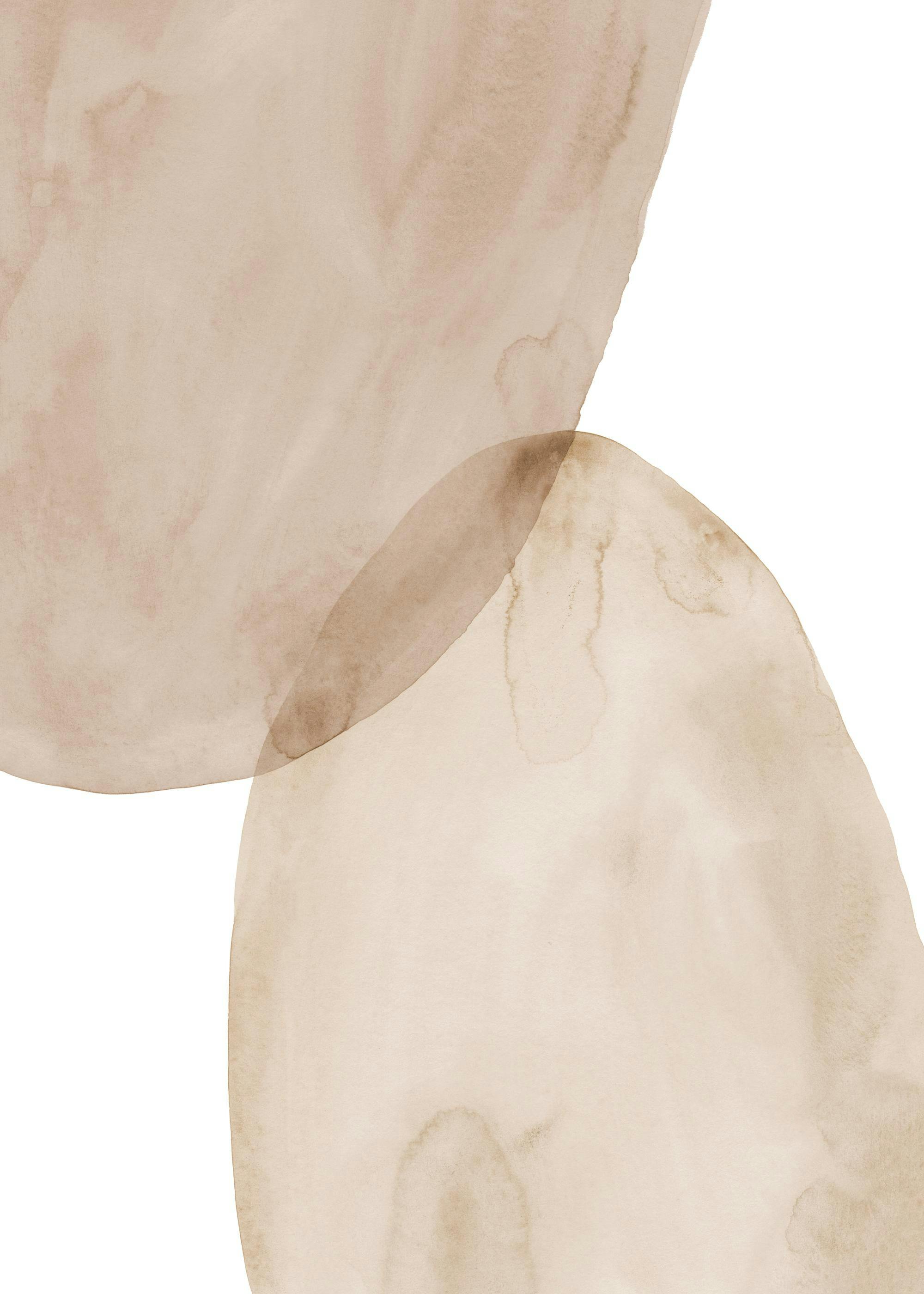 Een poster met twee overlappende abstracte vormen in beige en lichtbruine aquarel op een witte achtergrond.