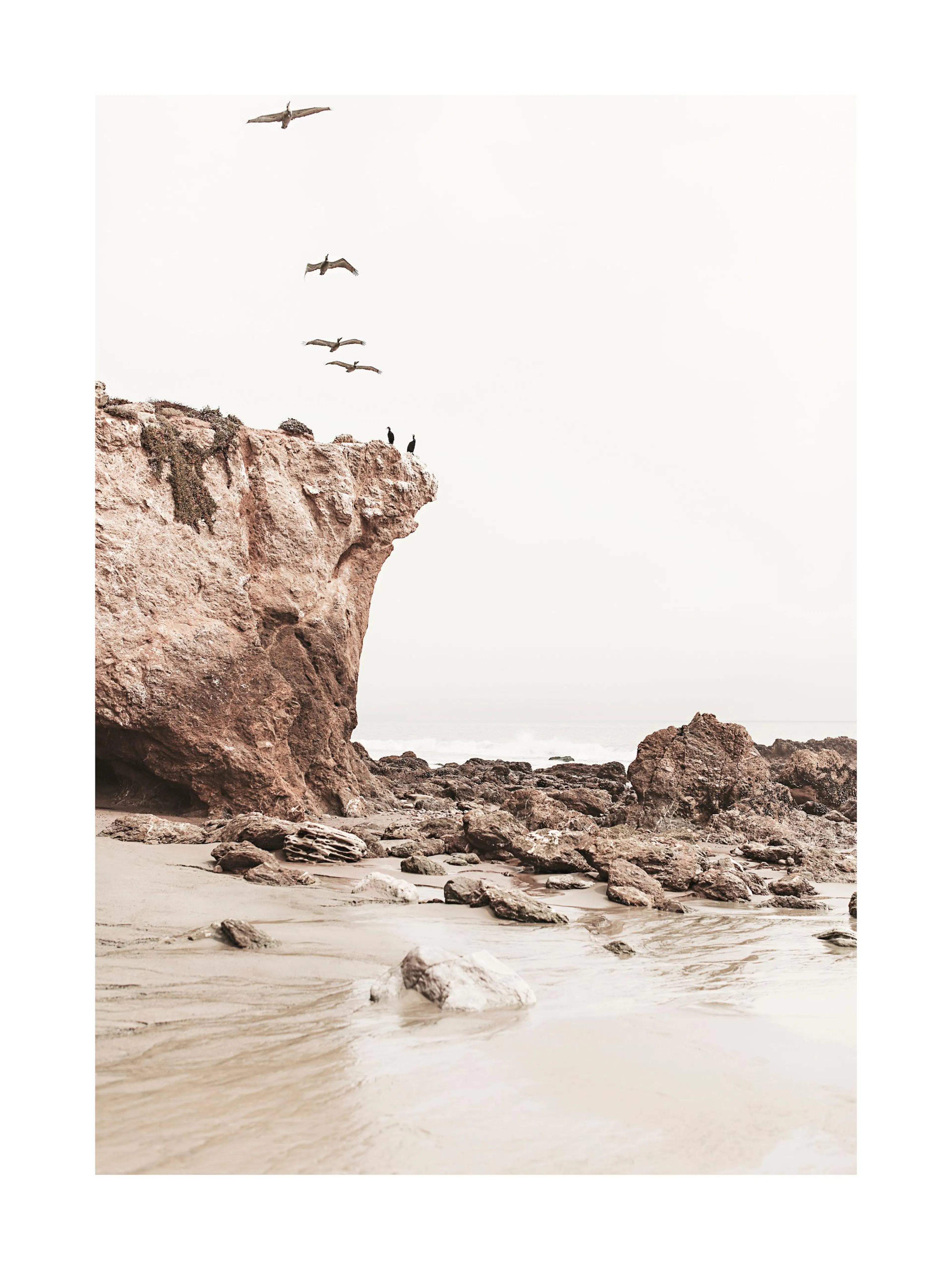 En plakat af en strand med store klipper og flyvende fugle under en lys himmel.