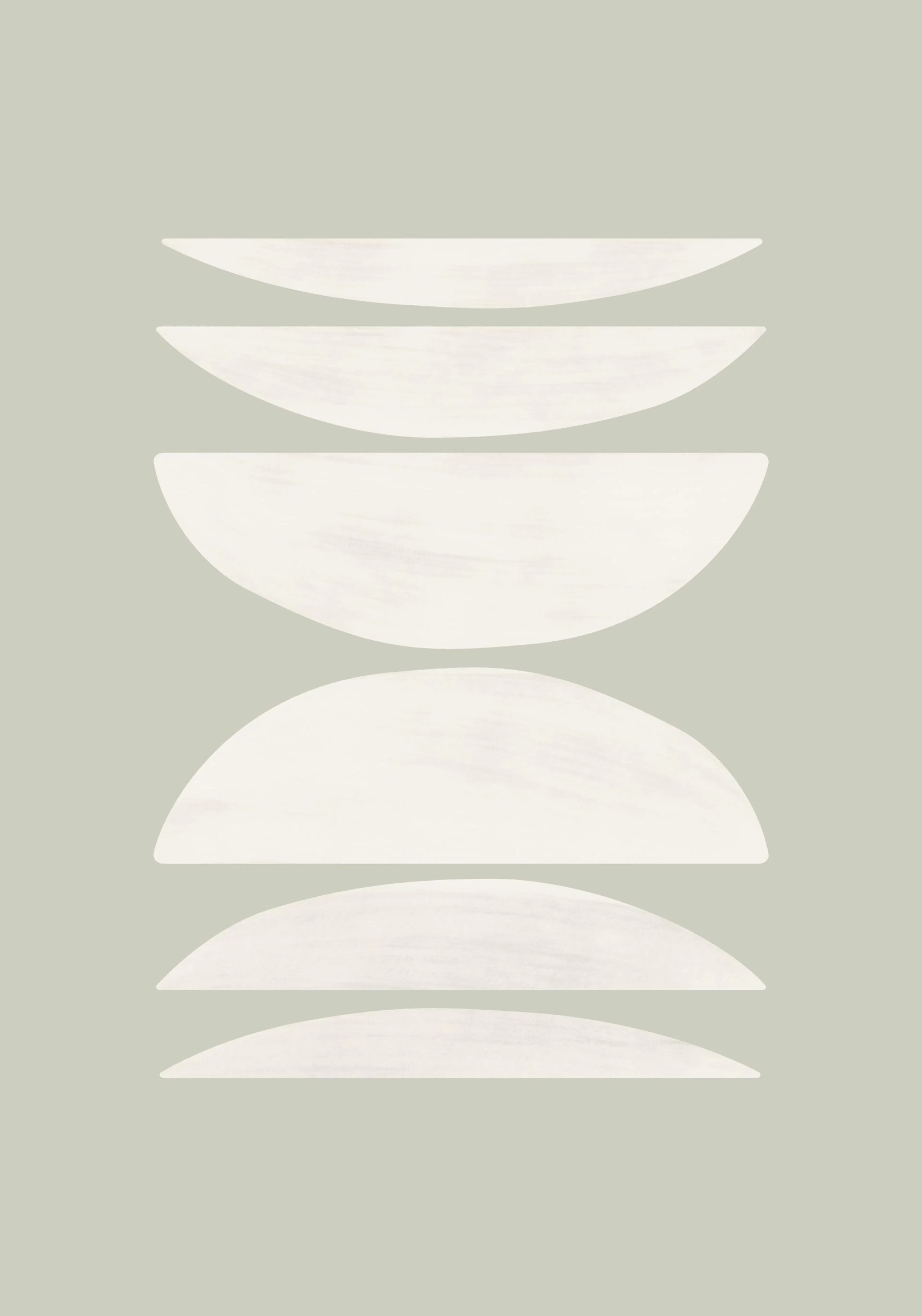 A poster featuring a minimalist design with stacked off-white, curved shapes on a soft green background.