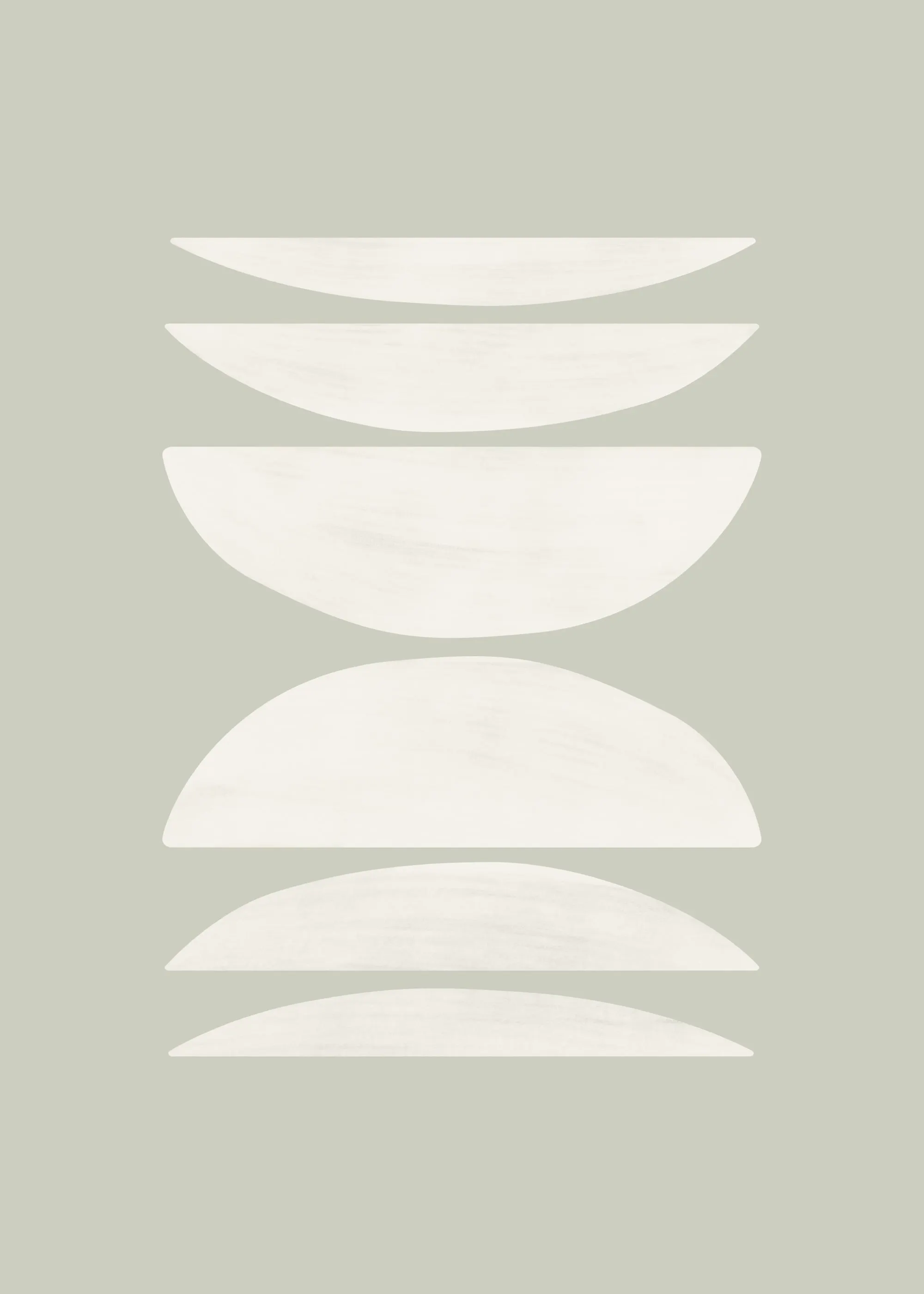Ein Poster mit sechs beigen, halbmondförmigen Formen auf hellgrauem Hintergrund, vertikal angeordnet.