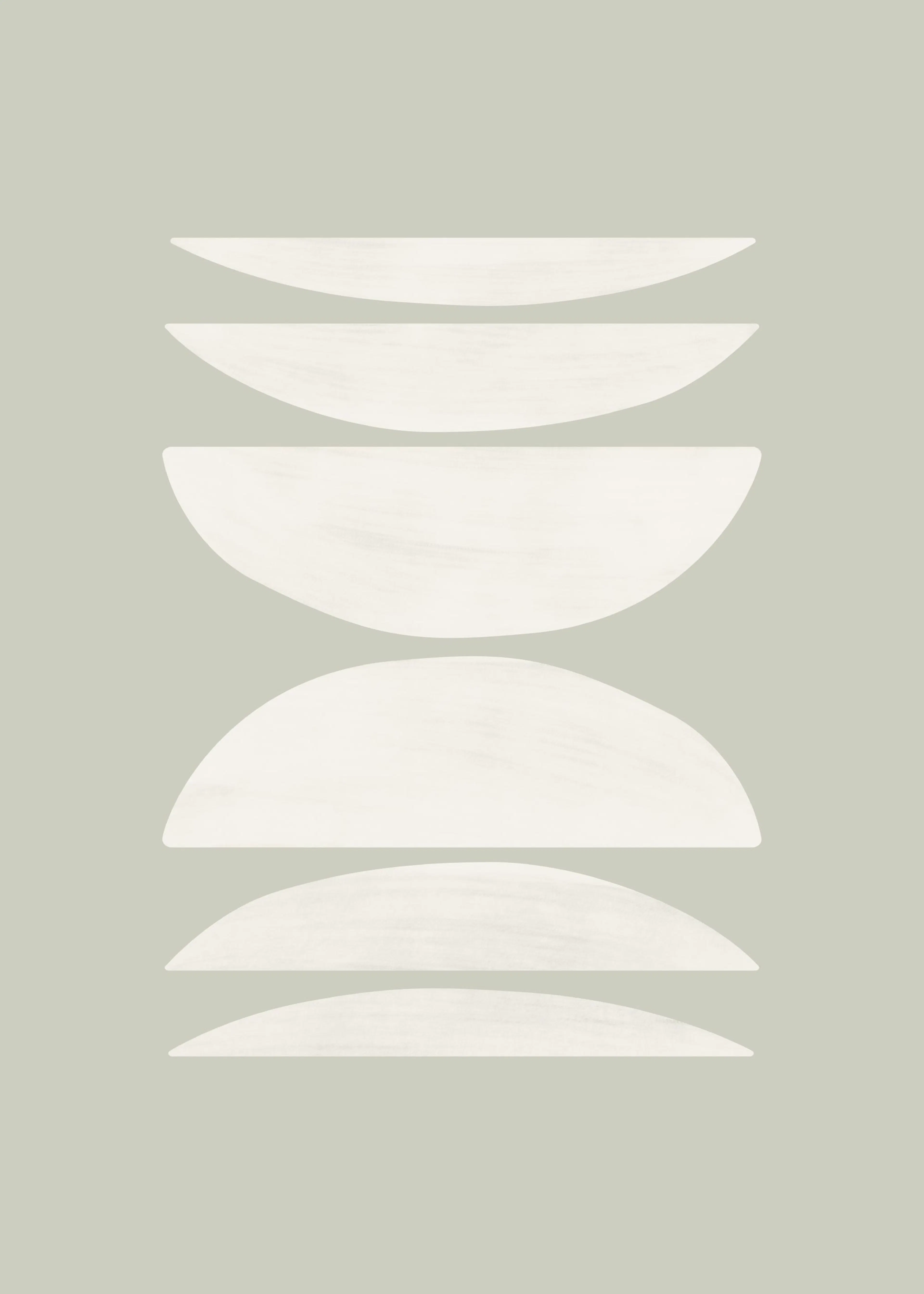 A poster featuring an abstract design with six off-white, curved shapes stacked vertically against a light olive background.