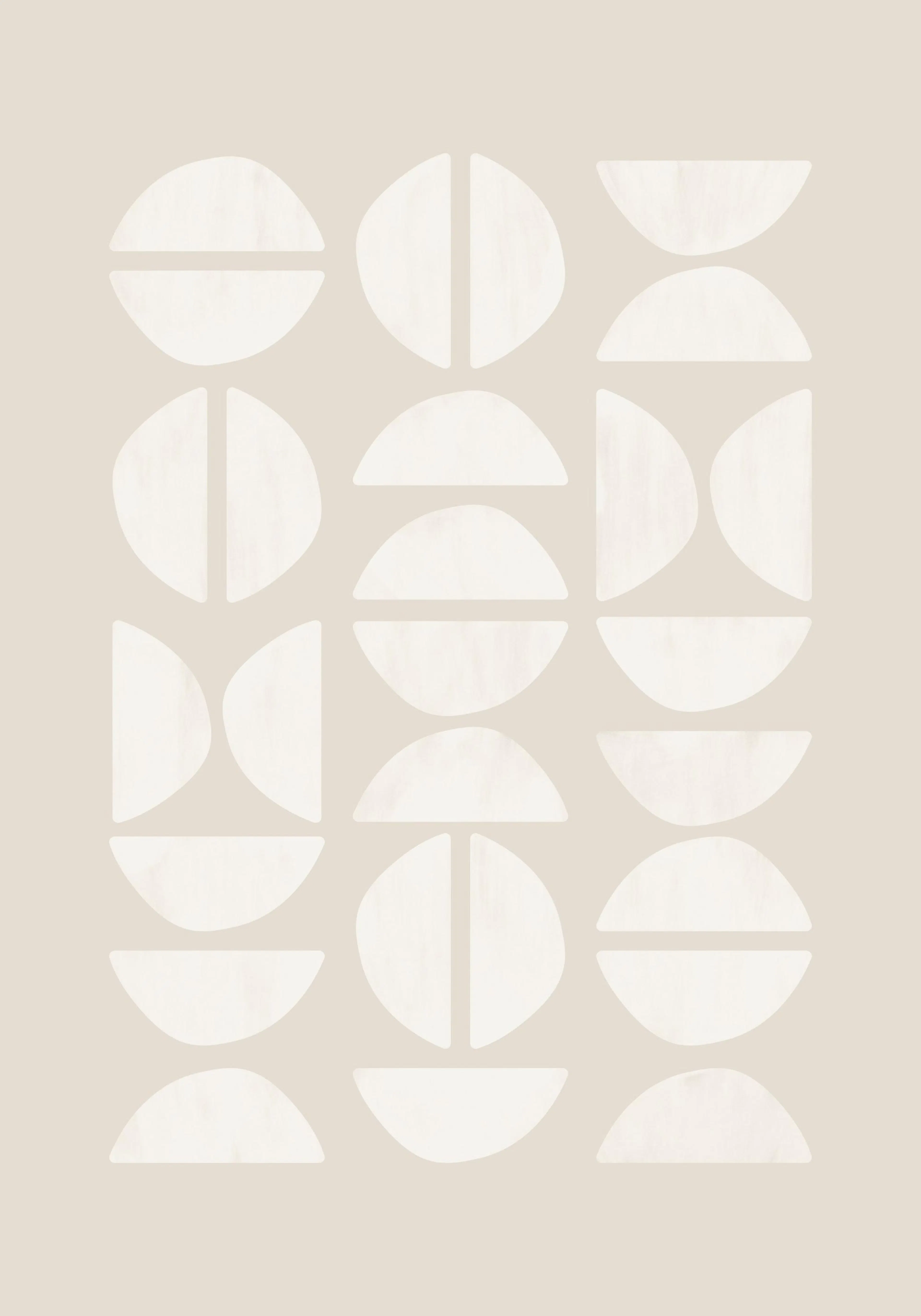 A poster featuring a pattern of off-white, light beige half-circles and other rounded geometric shapes on a pale taupe backgroun