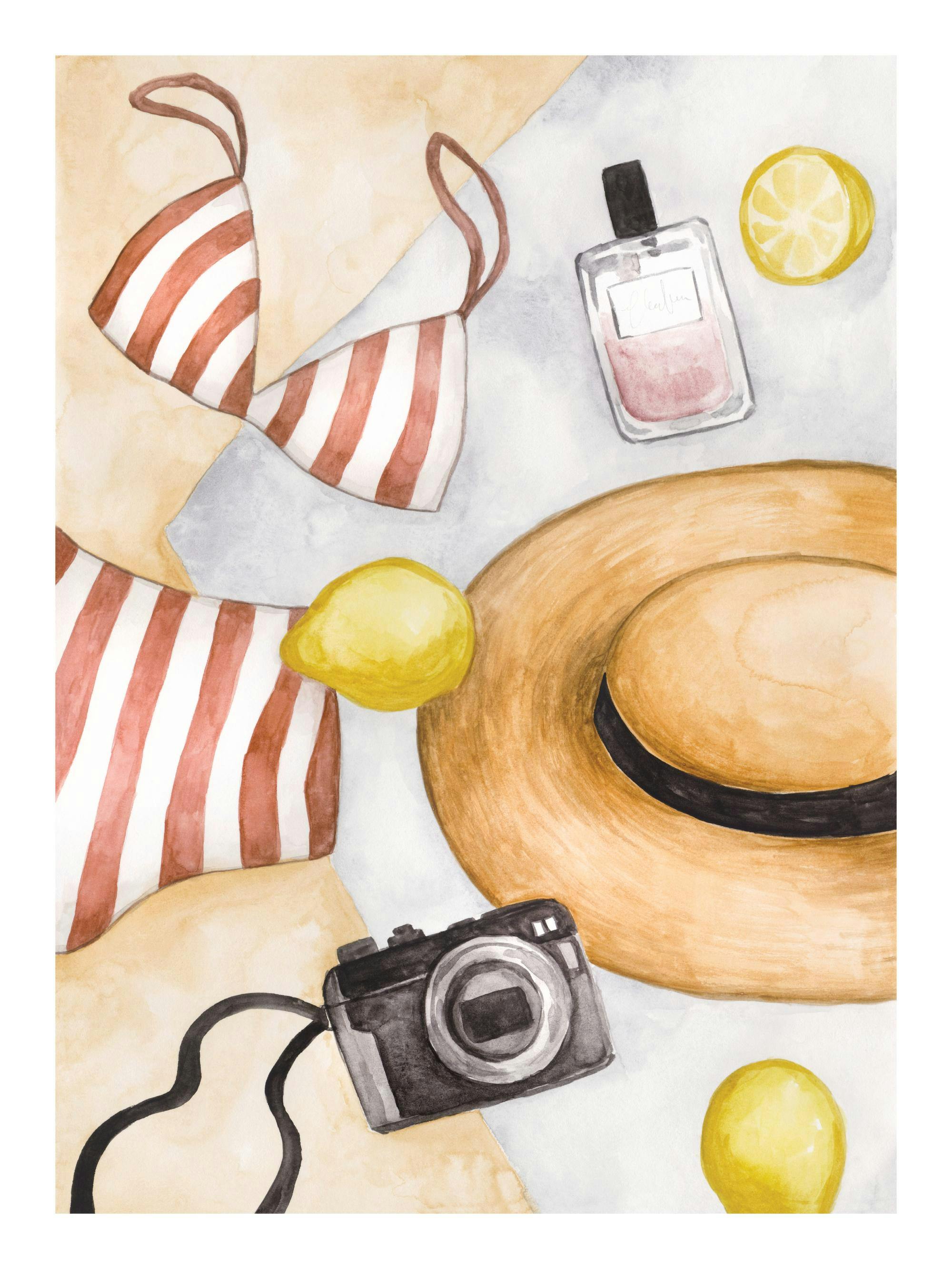 Poster avec un maillot de bain, un chapeau de paille, une bouteille de parfum, un appareil photo et des citrons.
