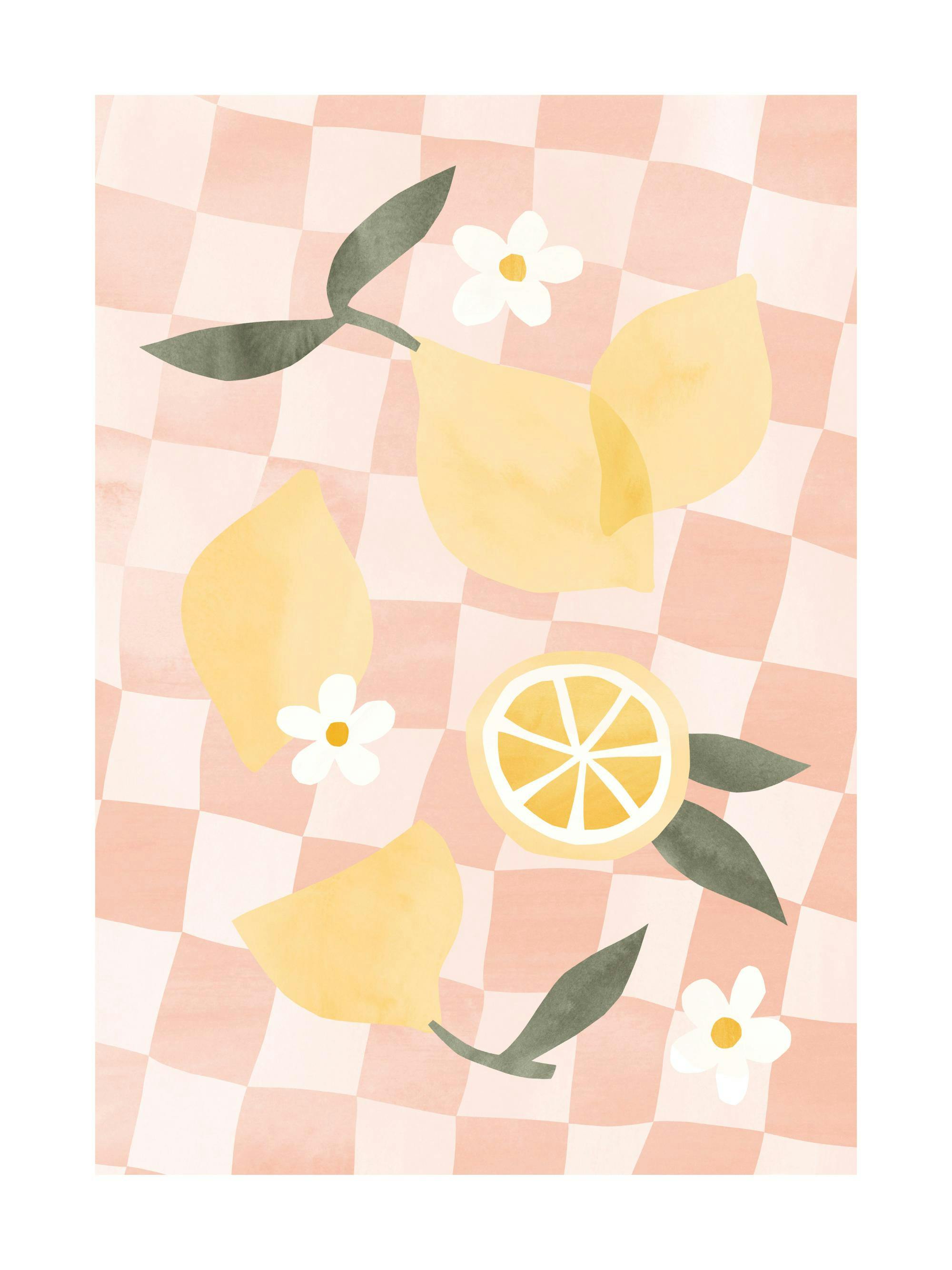 Poster de citrons jaunes, feuilles vertes et fleurs blanches sur un motif à carreaux roses et blancs.