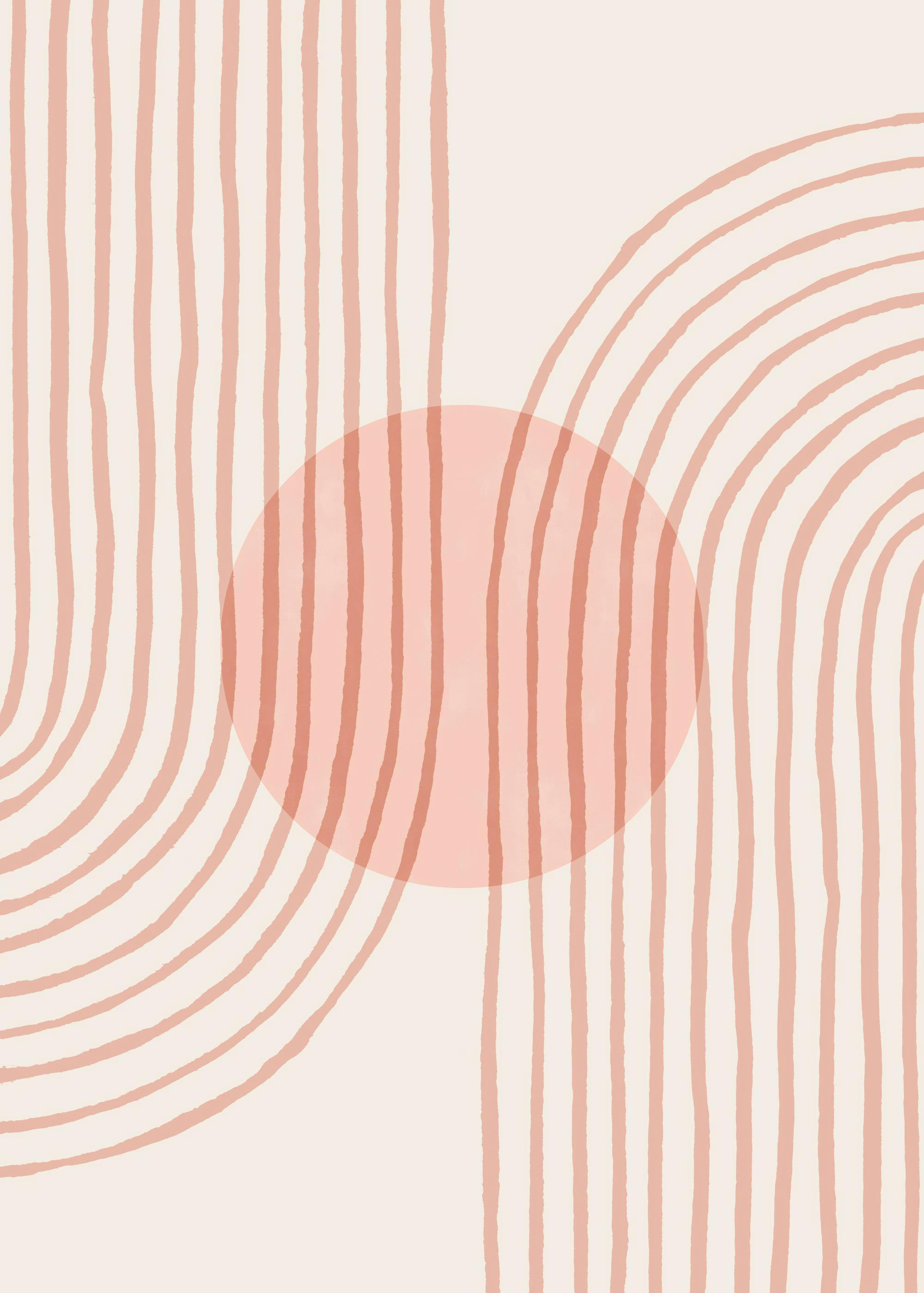 Poster mit vertikalen rosa Streifen, einem Halbkreis aus Streifen und einem transparenten Kreis in der Mitte auf hellem Hintergr