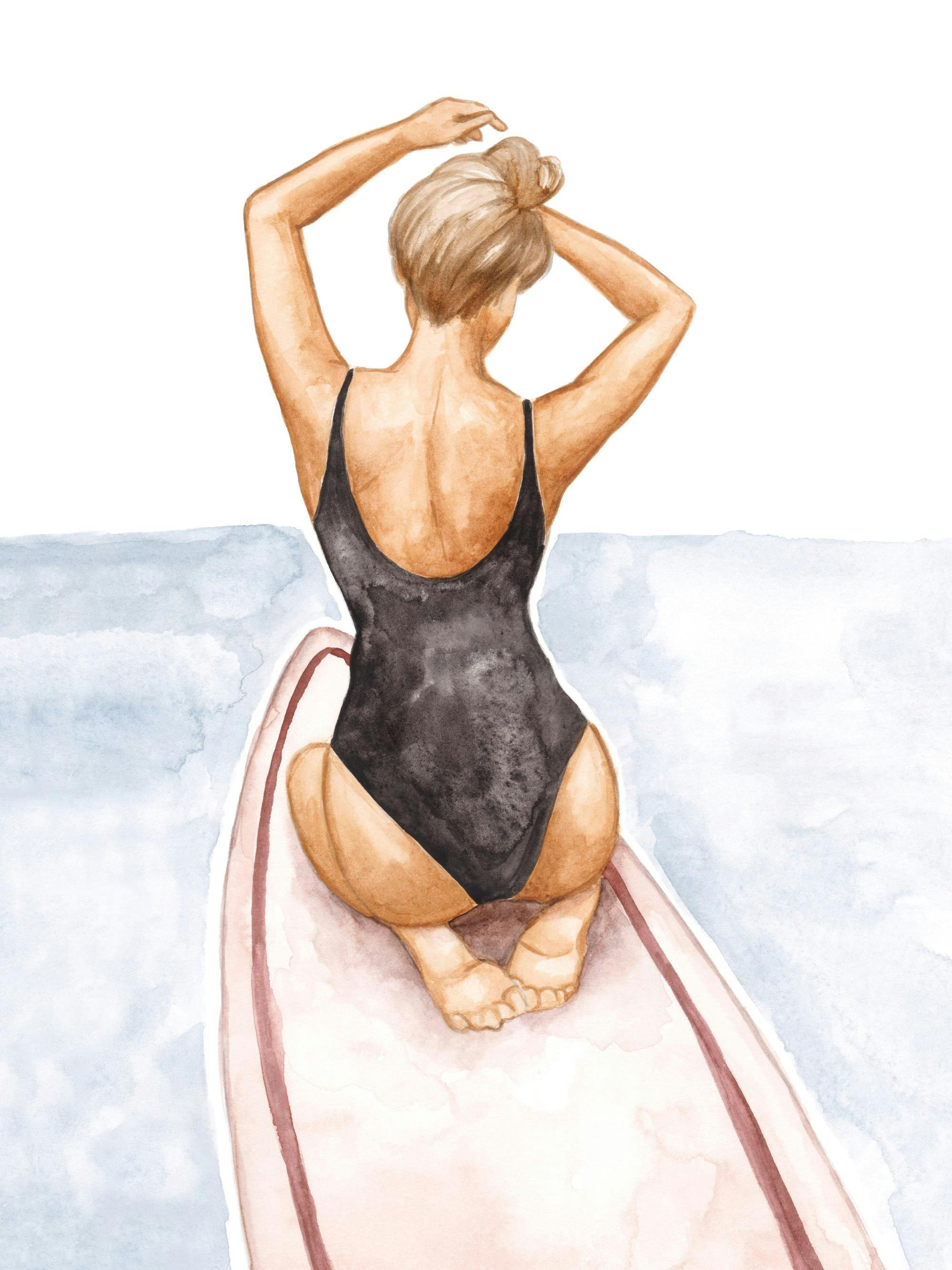 水彩画のポスター。黒い水着の女性がサーフボードに座り、髪を直している後ろ姿。水色の海と白い空が背景。