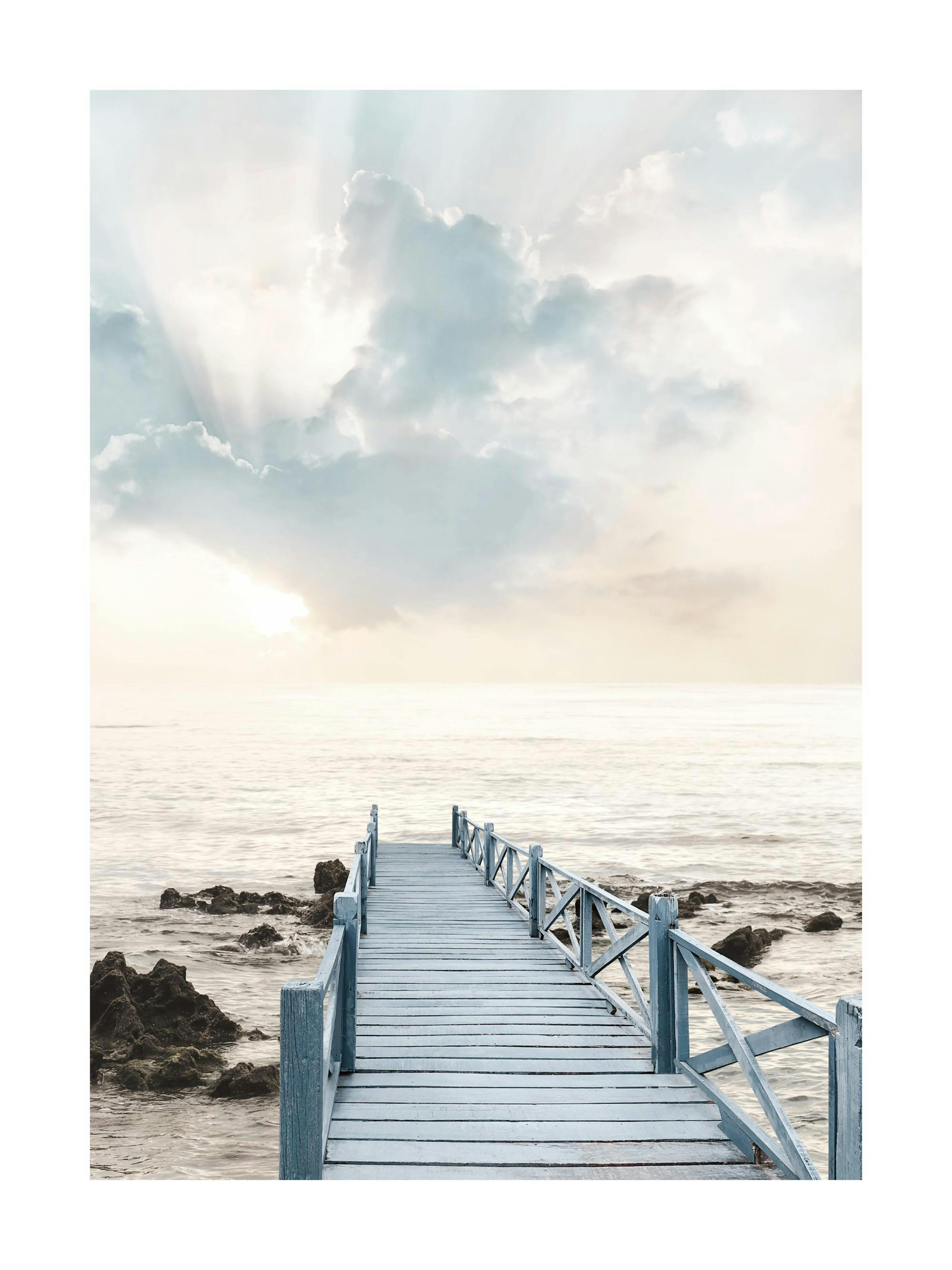 A poster featuring a pier extending over calm ocean waters under a cloudy sky with sun rays.
