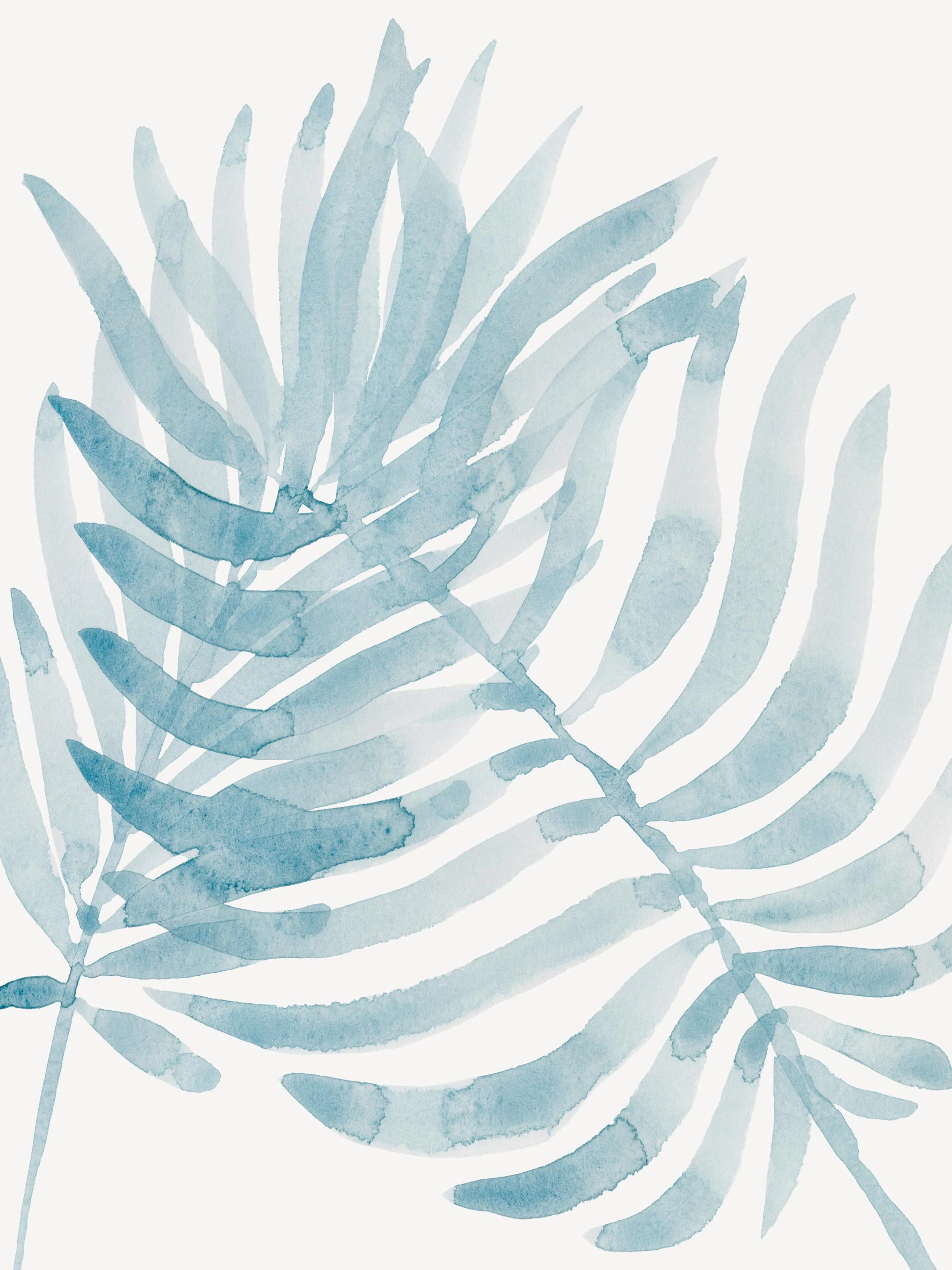 A poster featuring light blue watercolor palm leaves on a cream background, offering a serene tropical feel.