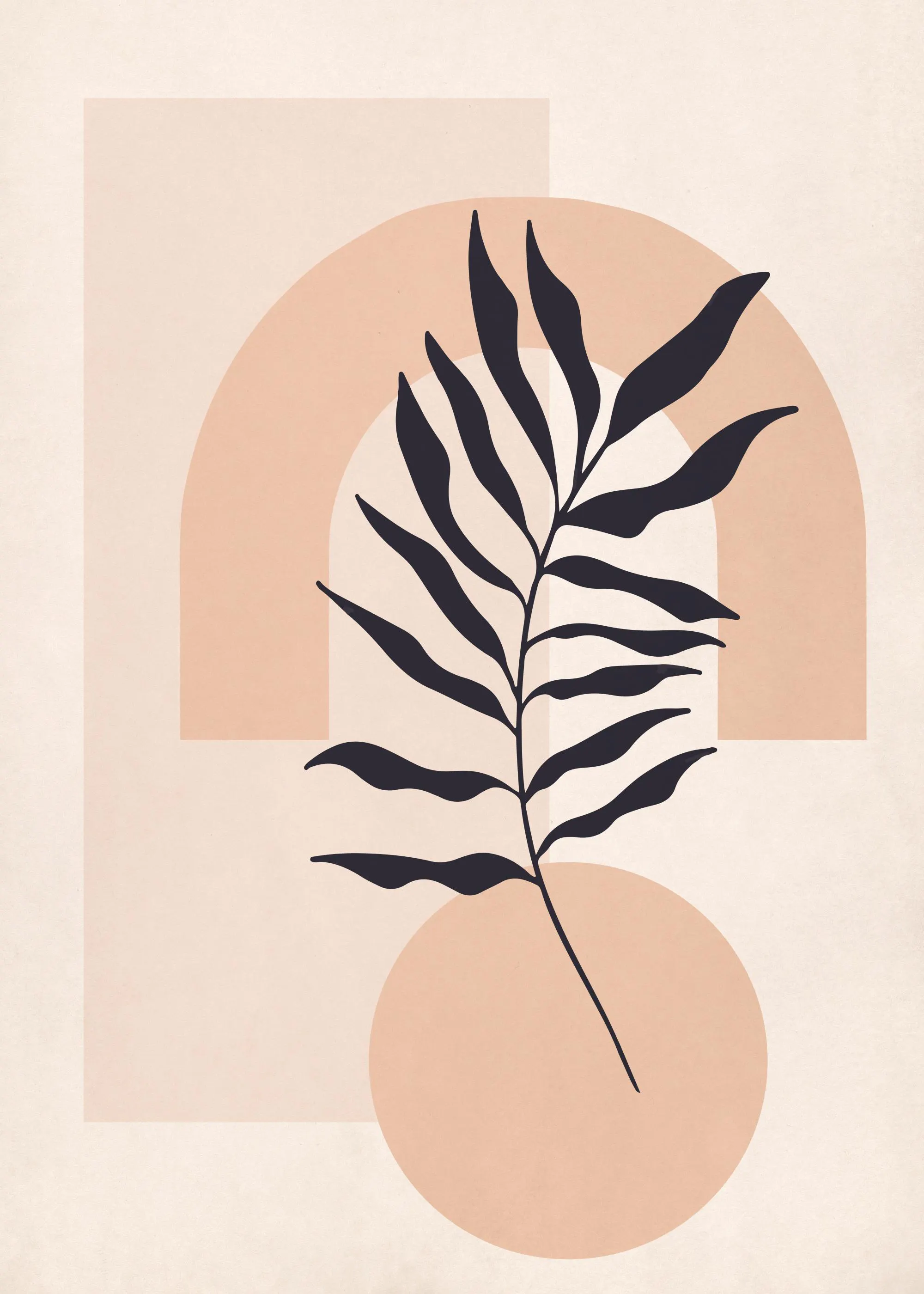 Plakat z czarną palmą na tle pastelowych kształtów geometrycznych w odcieniach brązu i beżu.