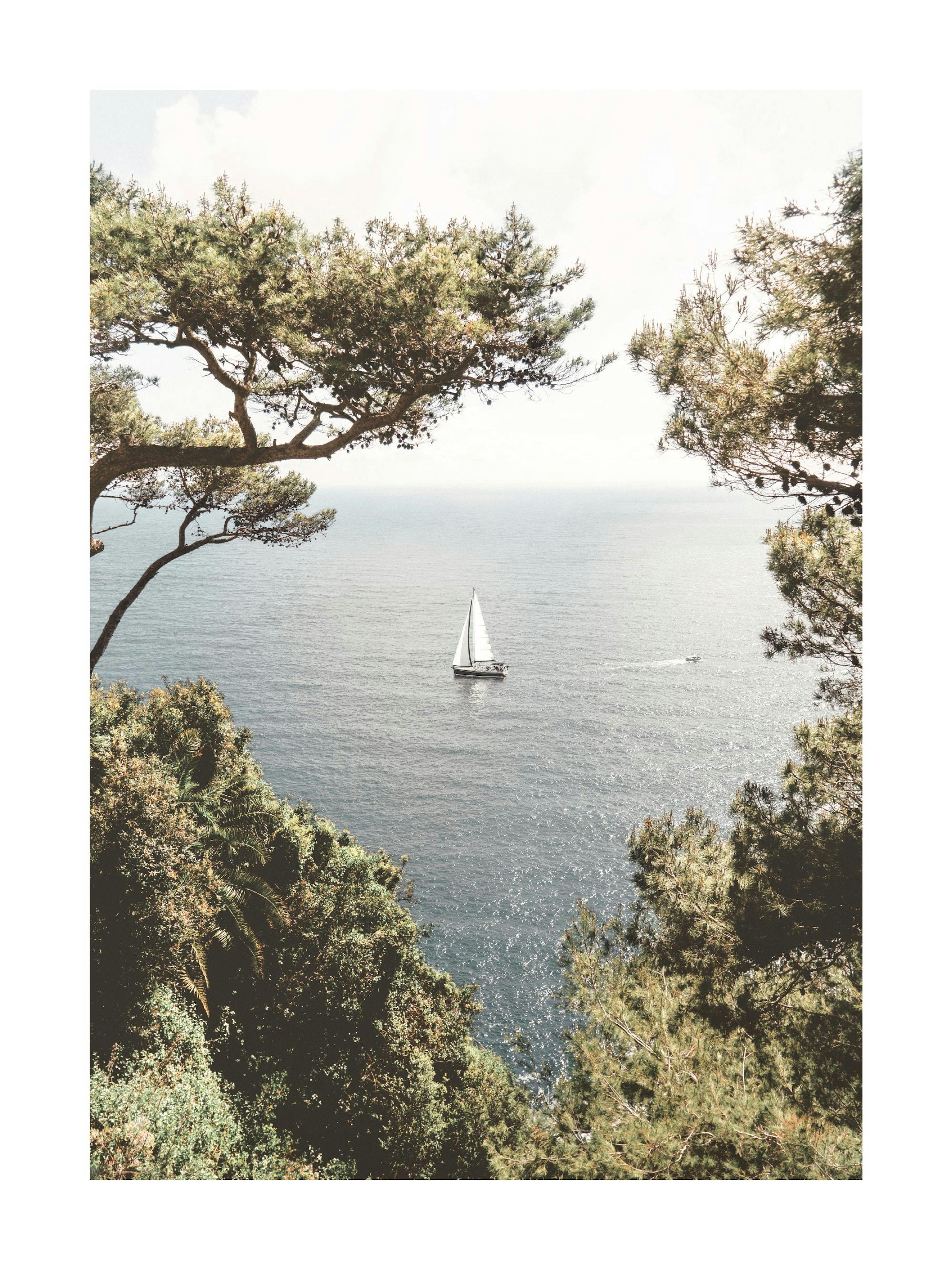 A poster featuring a sailboat on the sea viewed through an opening in lush green trees.