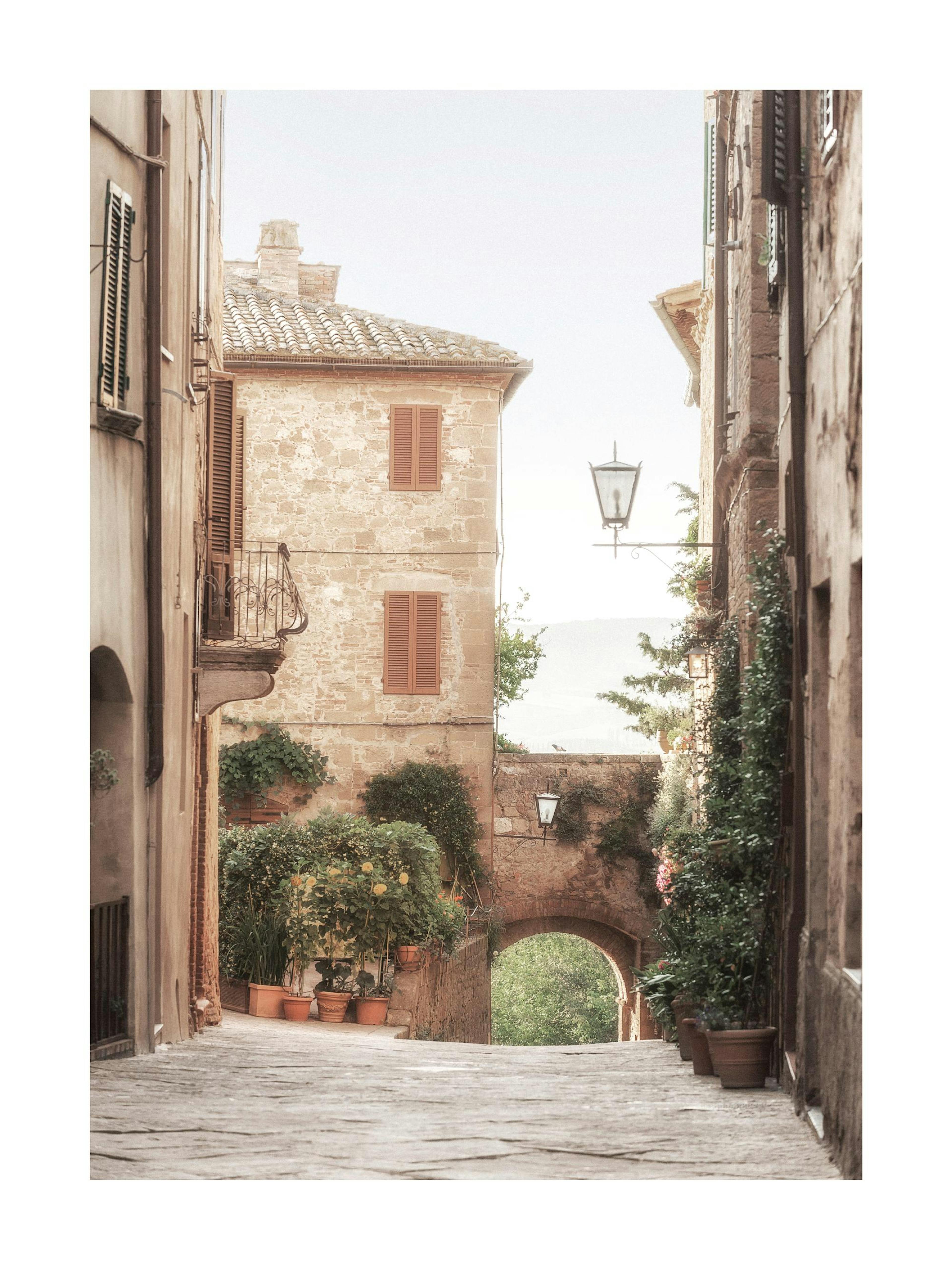 Póster de una calle adoquinada en un pueblo antiguo con edificios de piedra y un arco al fondo.
