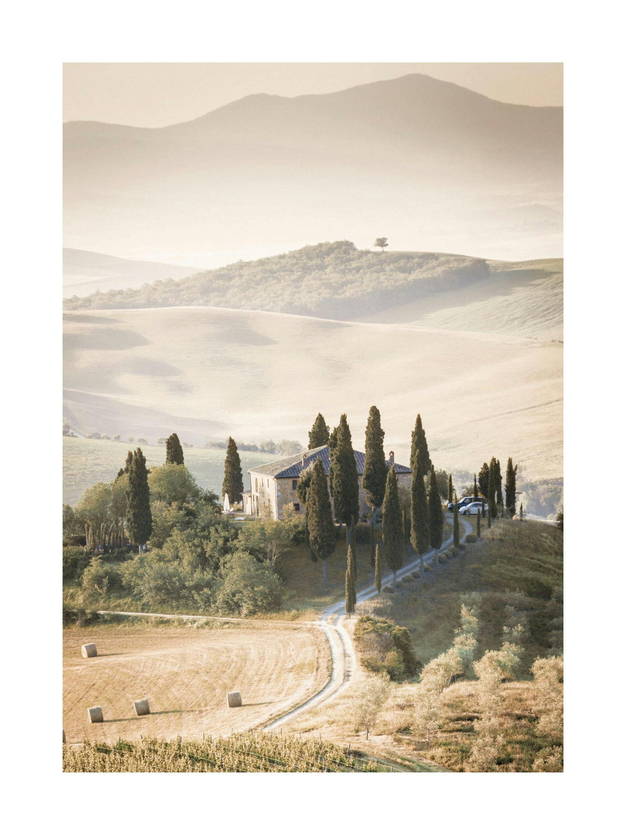 Poster paesaggio toscano con una casa rurale tra cipressi, campi di grano e colline chiare.