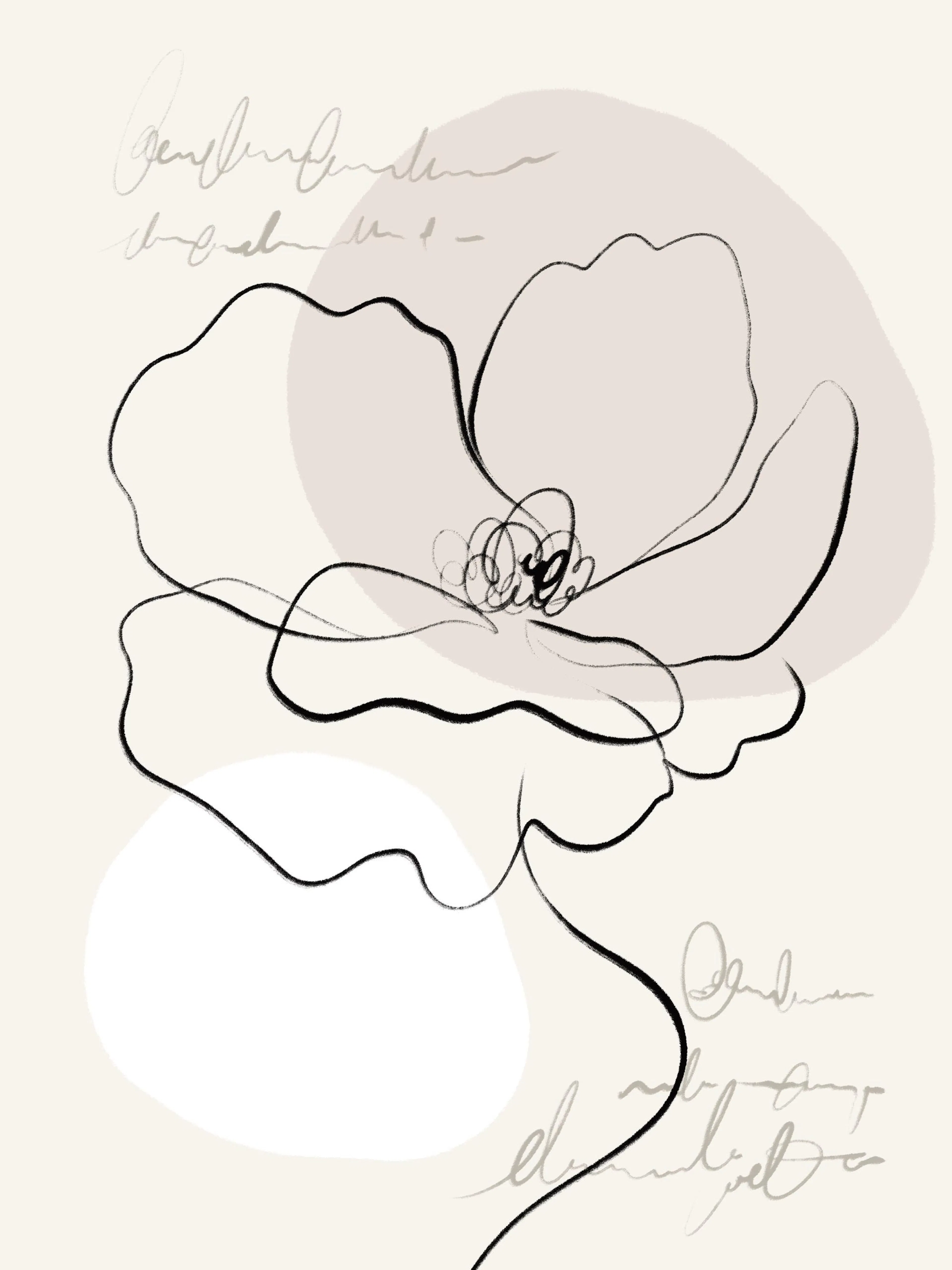 Plakat med en enkel, svart line-art illustrasjon av en blomst, med grå tekst og beige former i bakgrunnen.
