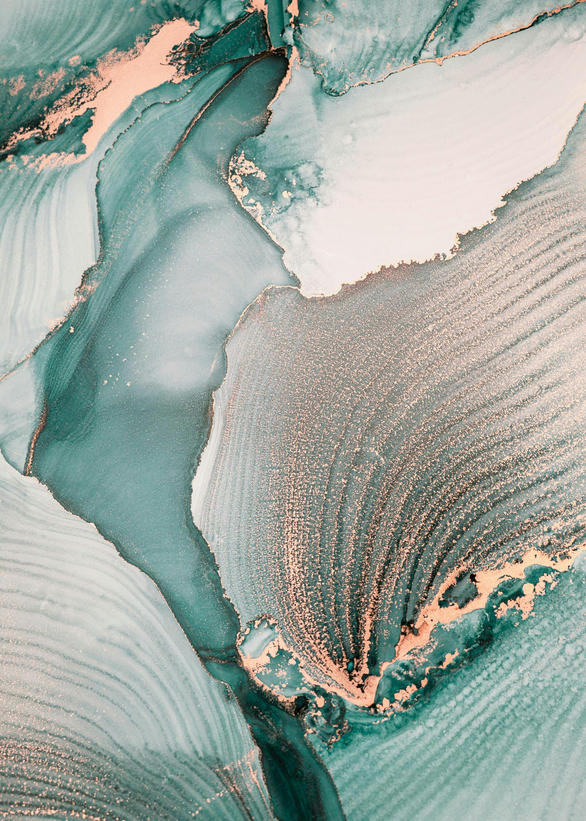 A poster featuring a vibrant abstract ink art design in teal, gold, and white tones, with fluid lines and textures.