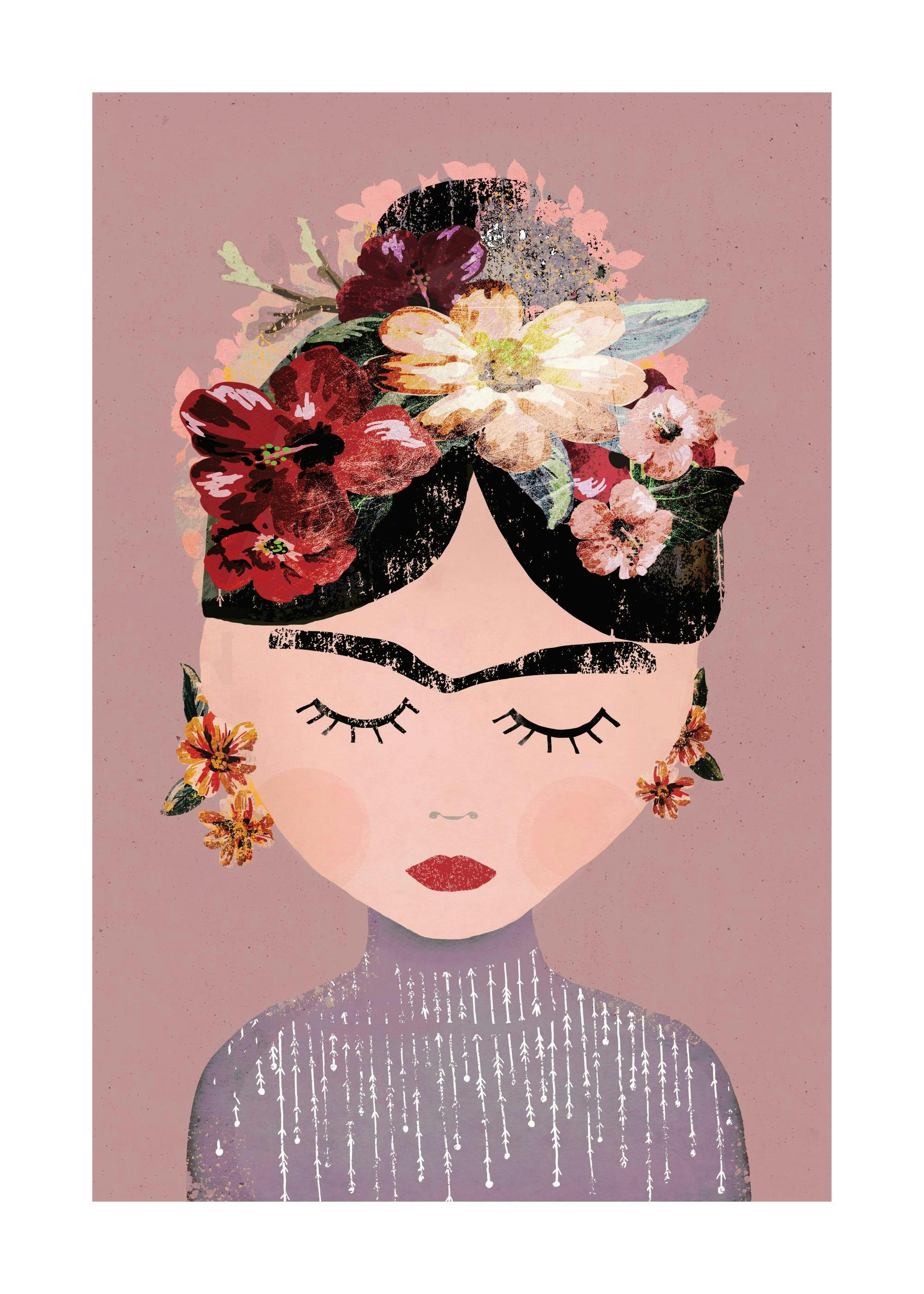 Póster de una mujer con peinado floral, ojos cerrados y labios rojos, sobre un fondo rosa texturizado.
