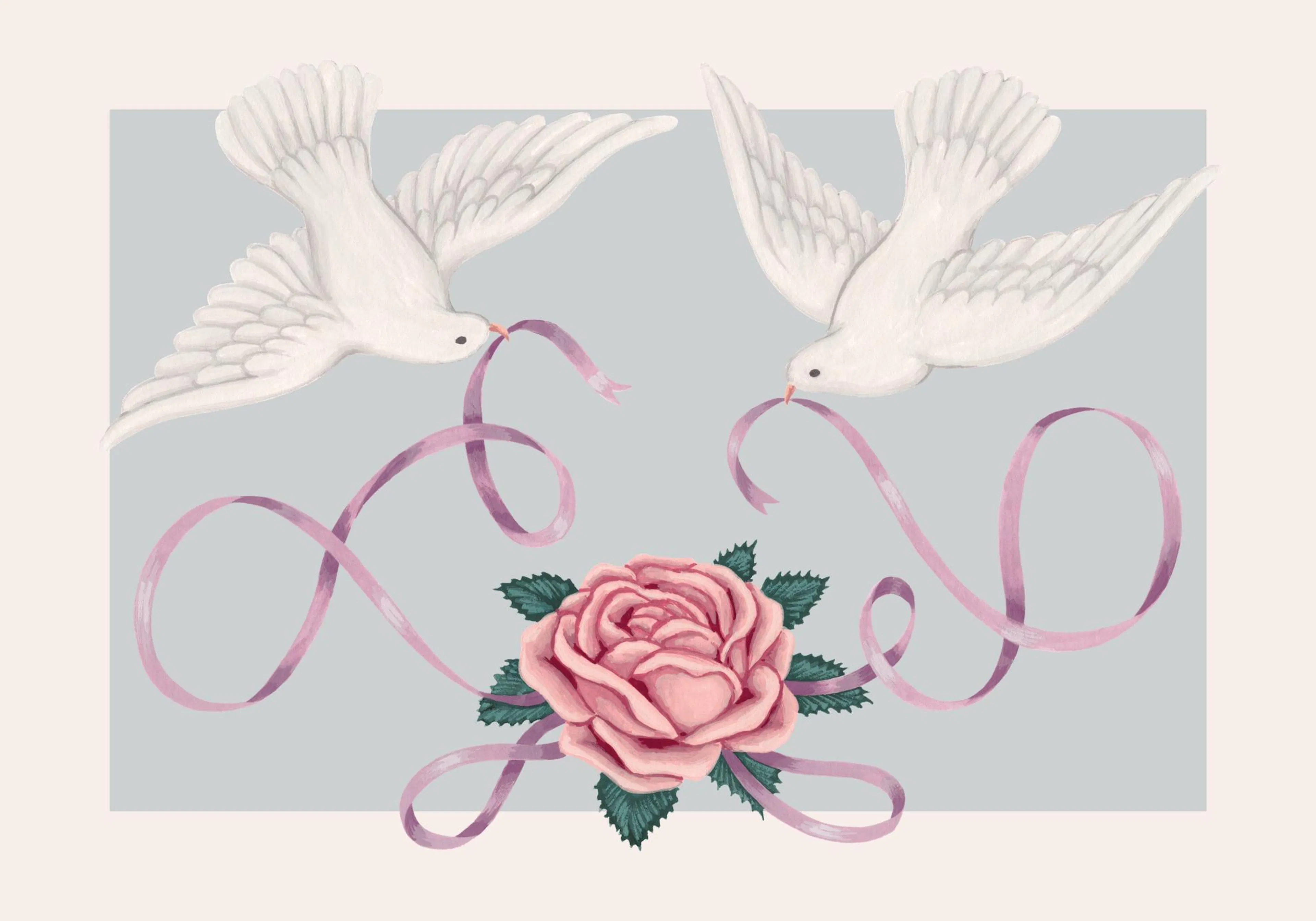 Poster con due colombe bianche che tengono nastri rosa, uniti da una rosa rosa centrale.