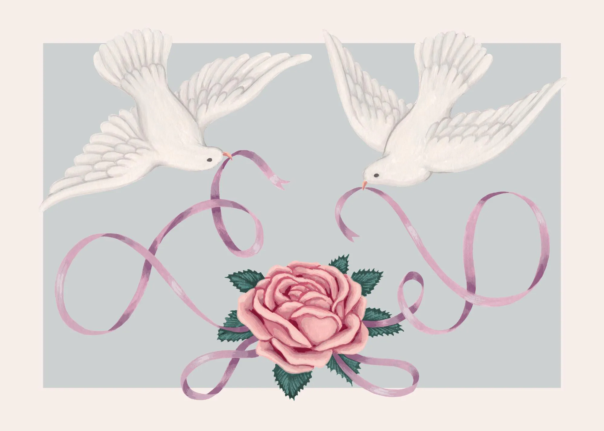 Poster mit zwei weissen Tauben, die ein lila Band halten, und einer rosa Rose in der Mitte auf grauem Hintergrund.