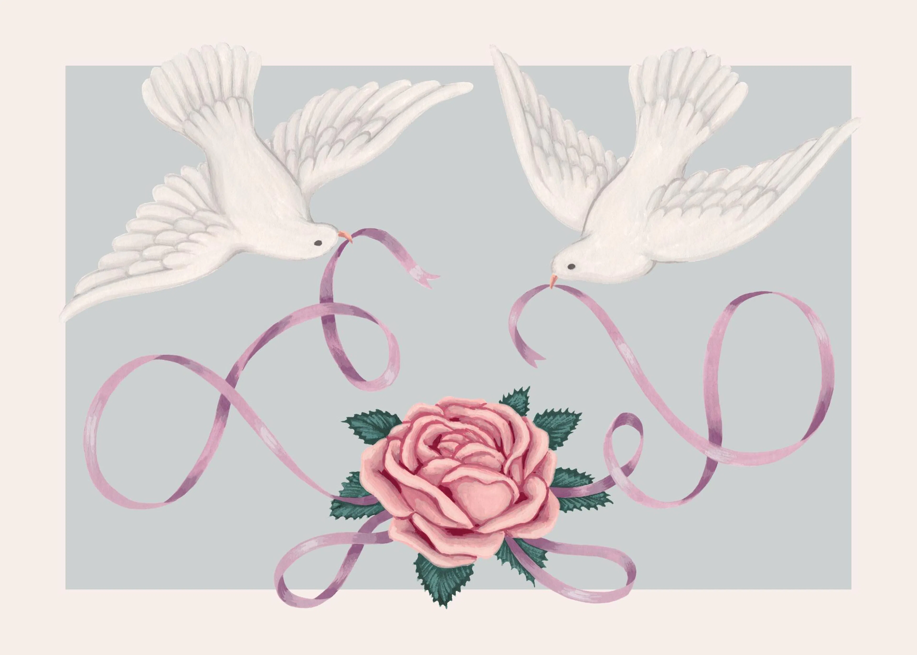 Poster mit zwei weissen Tauben, die ein lila Band halten, und einer rosa Rose in der Mitte auf grauem Hintergrund.