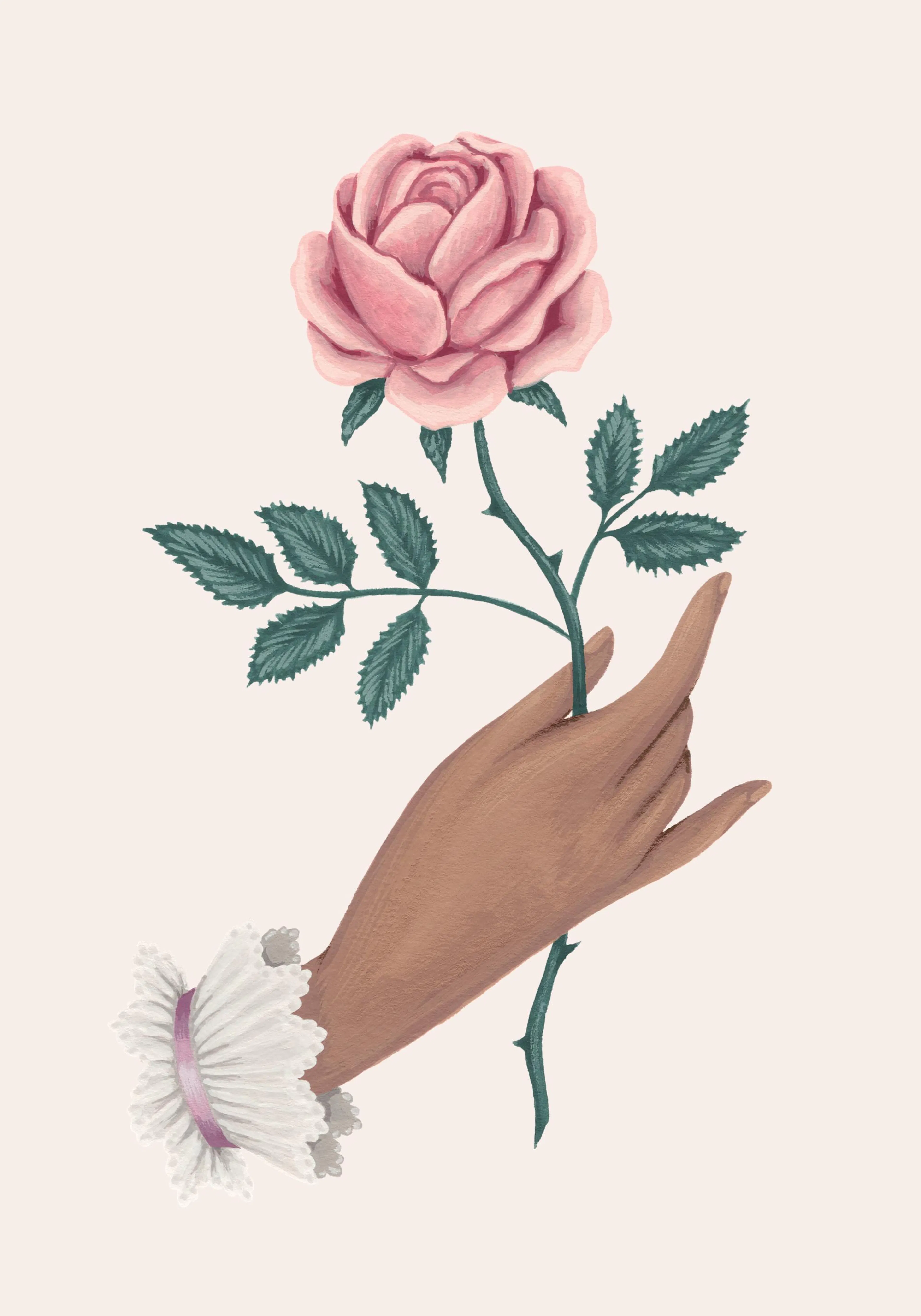 En plakat med en hånd der holder en lyserød rose med grønne blade, iført et hvidt flæseærme.