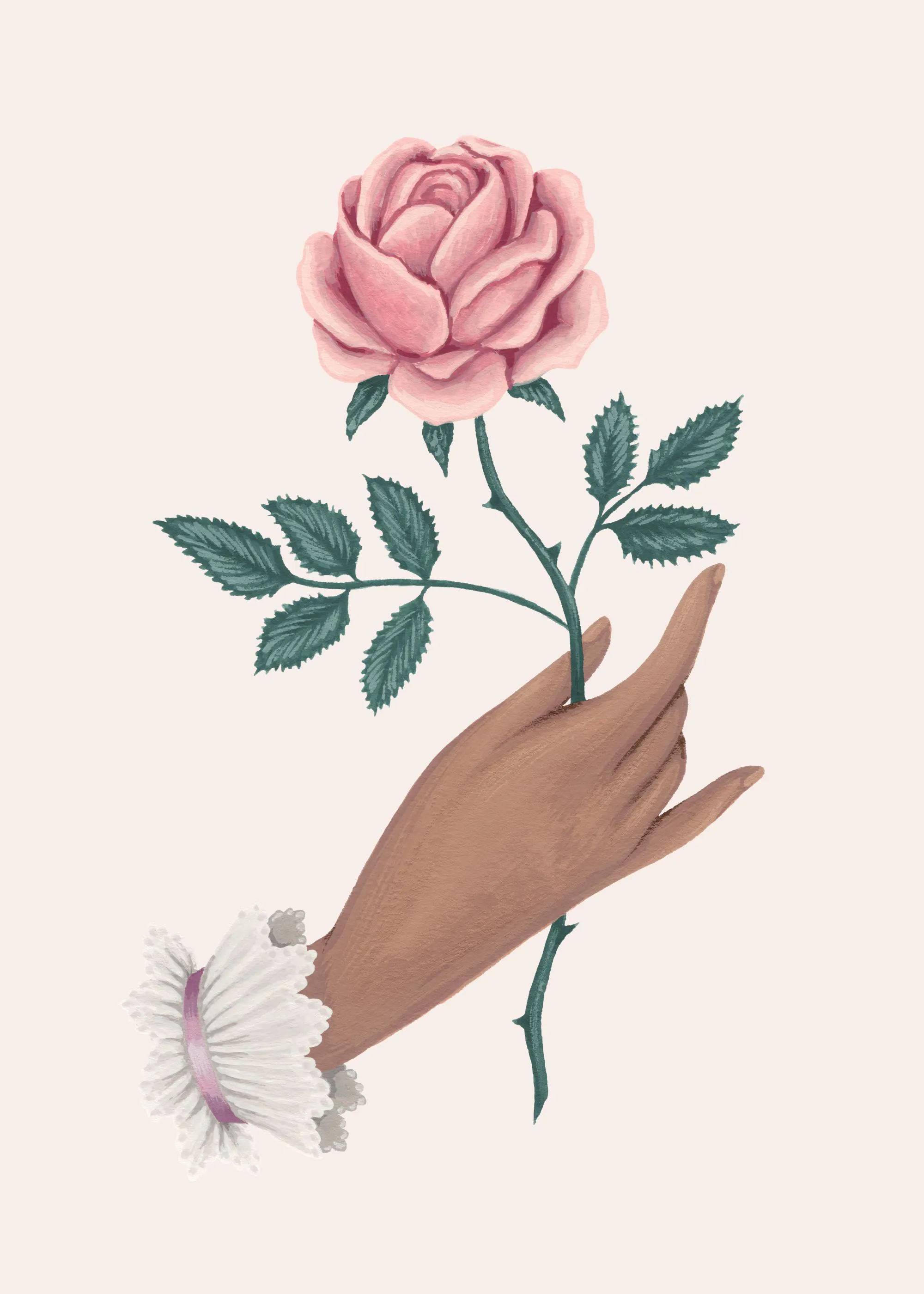 Een poster met een illustratie van een hand die een roze roos vasthoudt, met bladeren en een gedetailleerde manchet.
