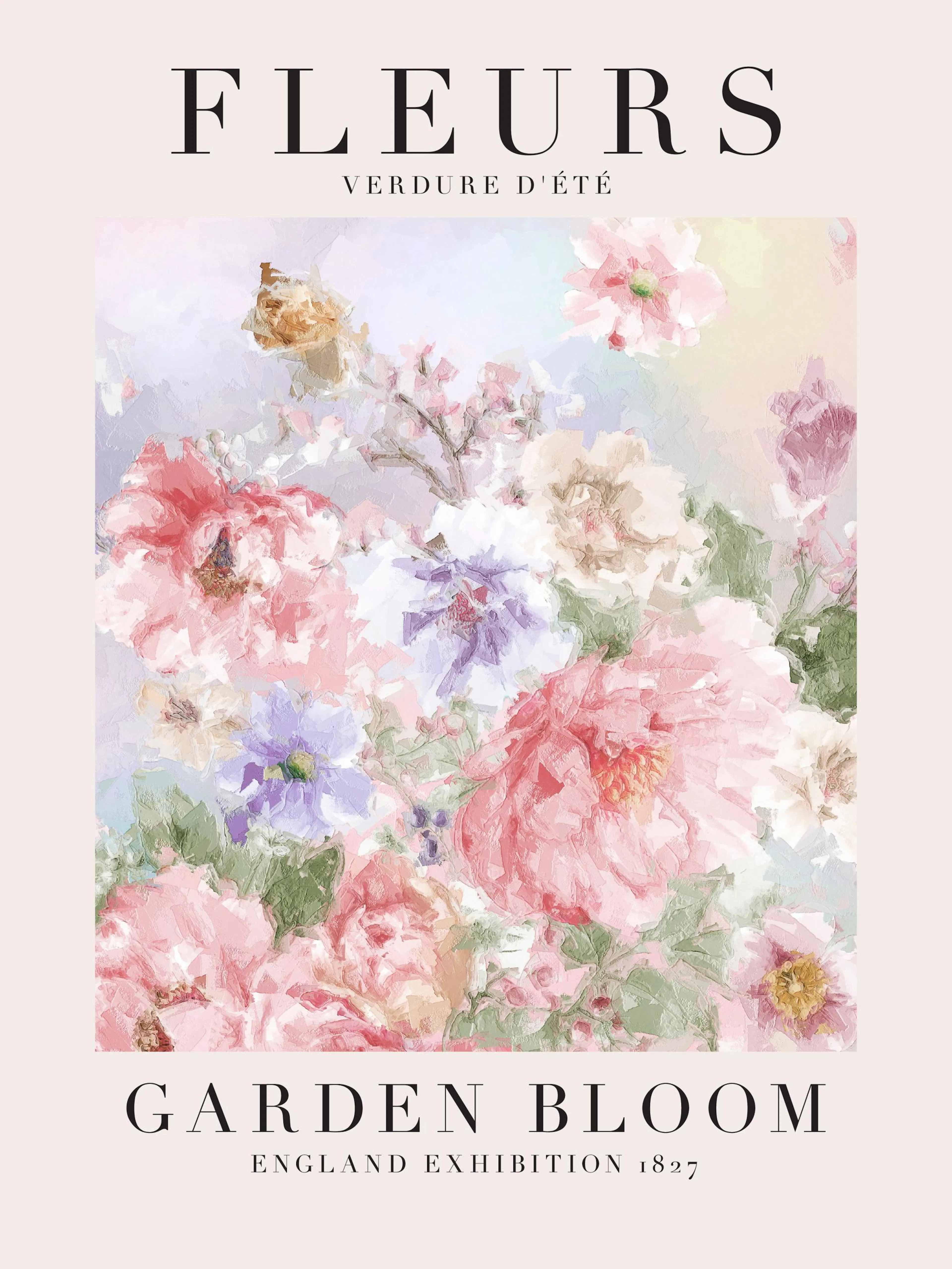 Un poster représentant une peinture abstraite de fleurs variées aux couleurs pastel, avec les mots FLEURS et GARDEN BLOOM.