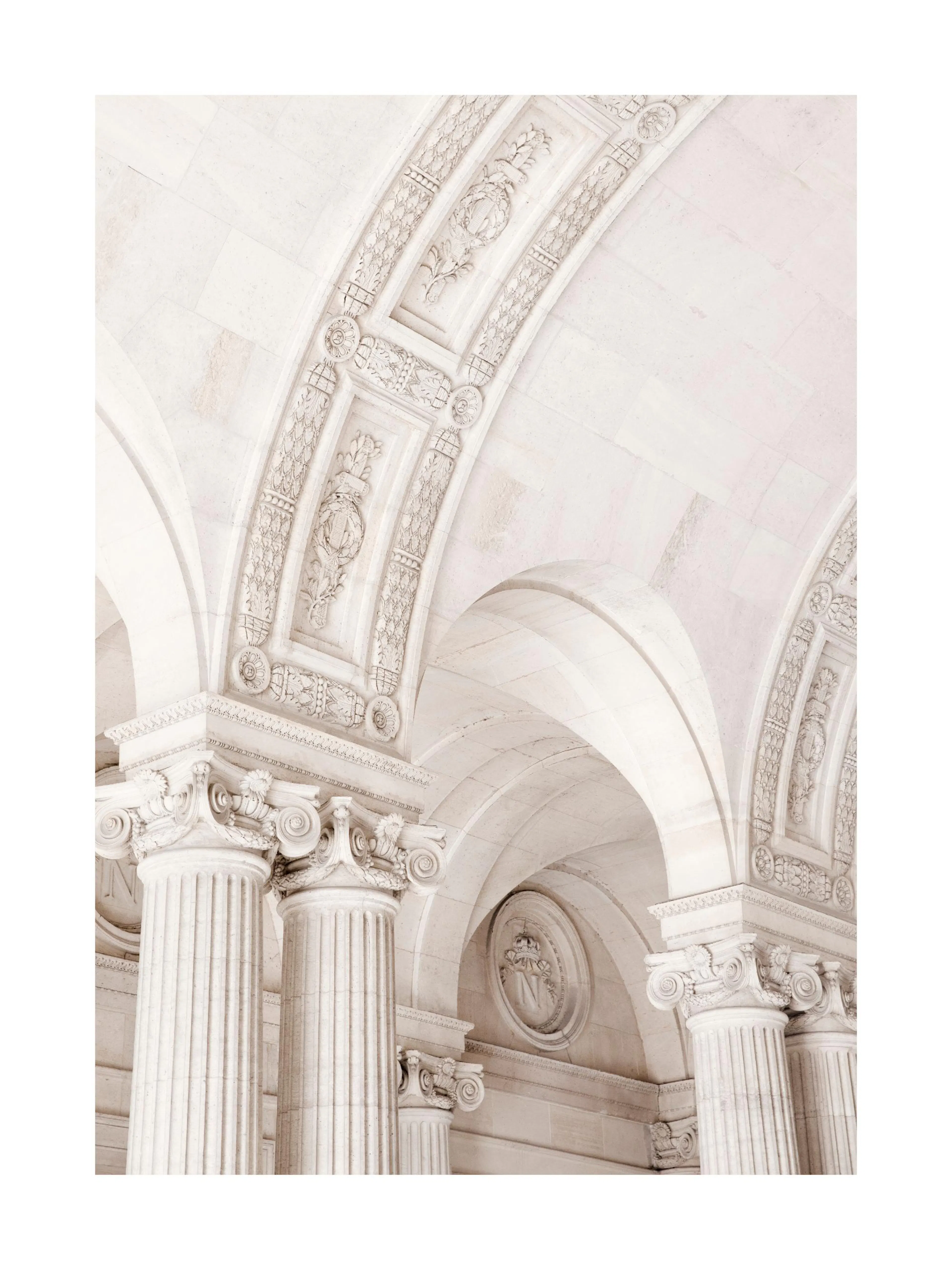 A poster featuring a close-up of intricate neoclassical architectural details, including ornate columns and arched ceilings in s