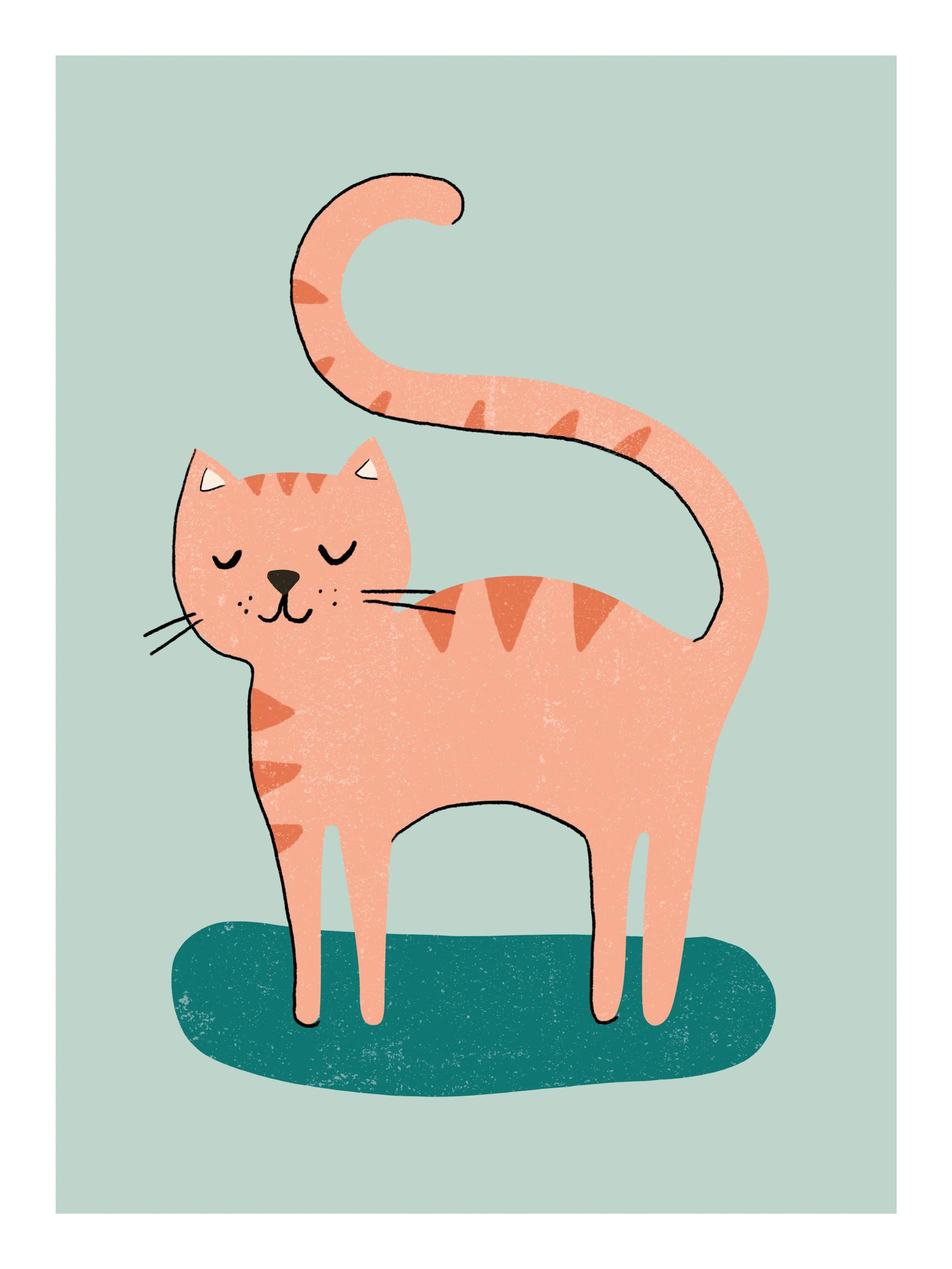 Poster dun chat rose-orangé souriant avec des rayures, sur une forme vert foncé sur fond bleu clair.