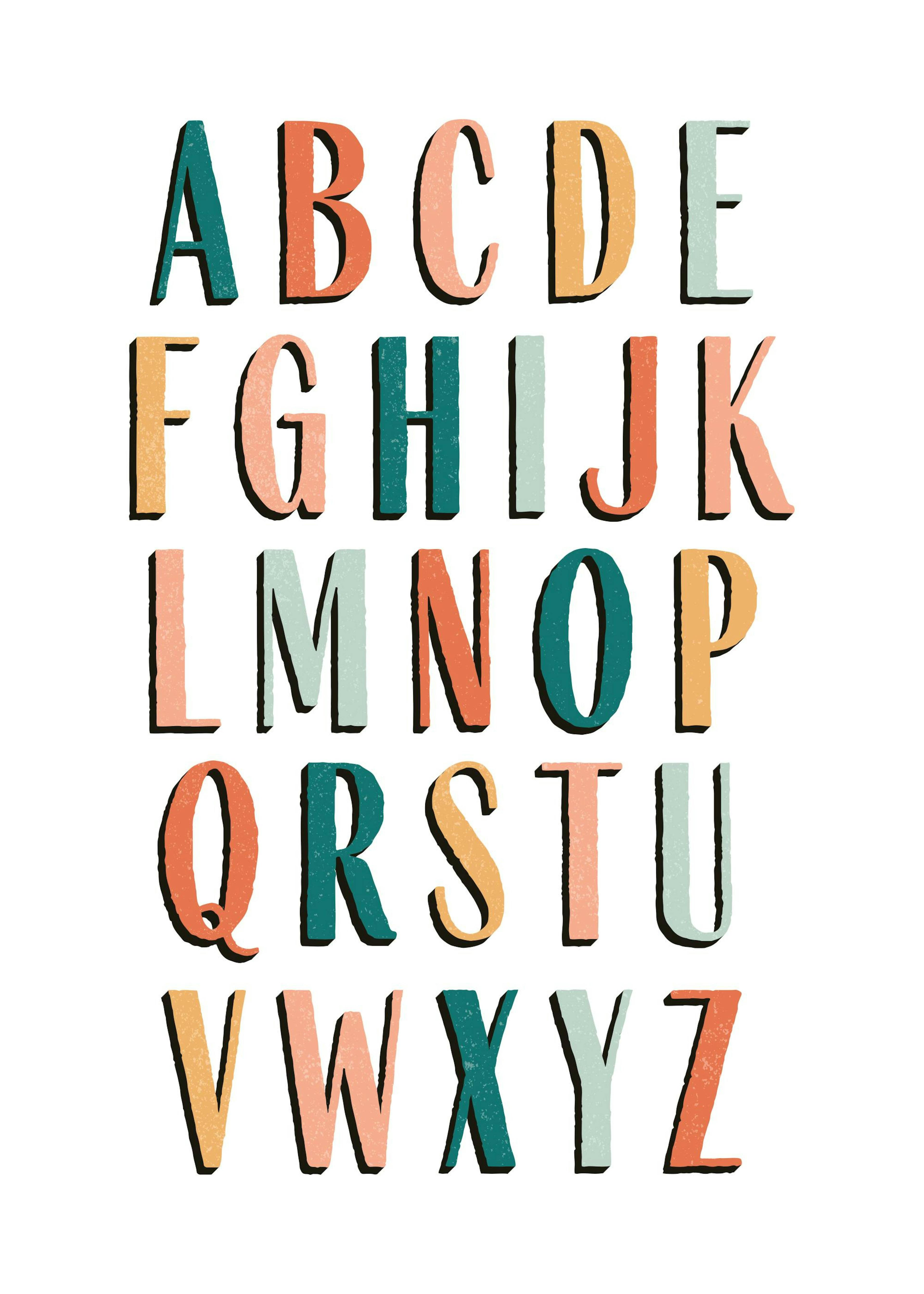 A gallery wall of colorful childrens posters in a nursery, with illustrations of dogs, a cat, an alphabet, and the text lets PLA
