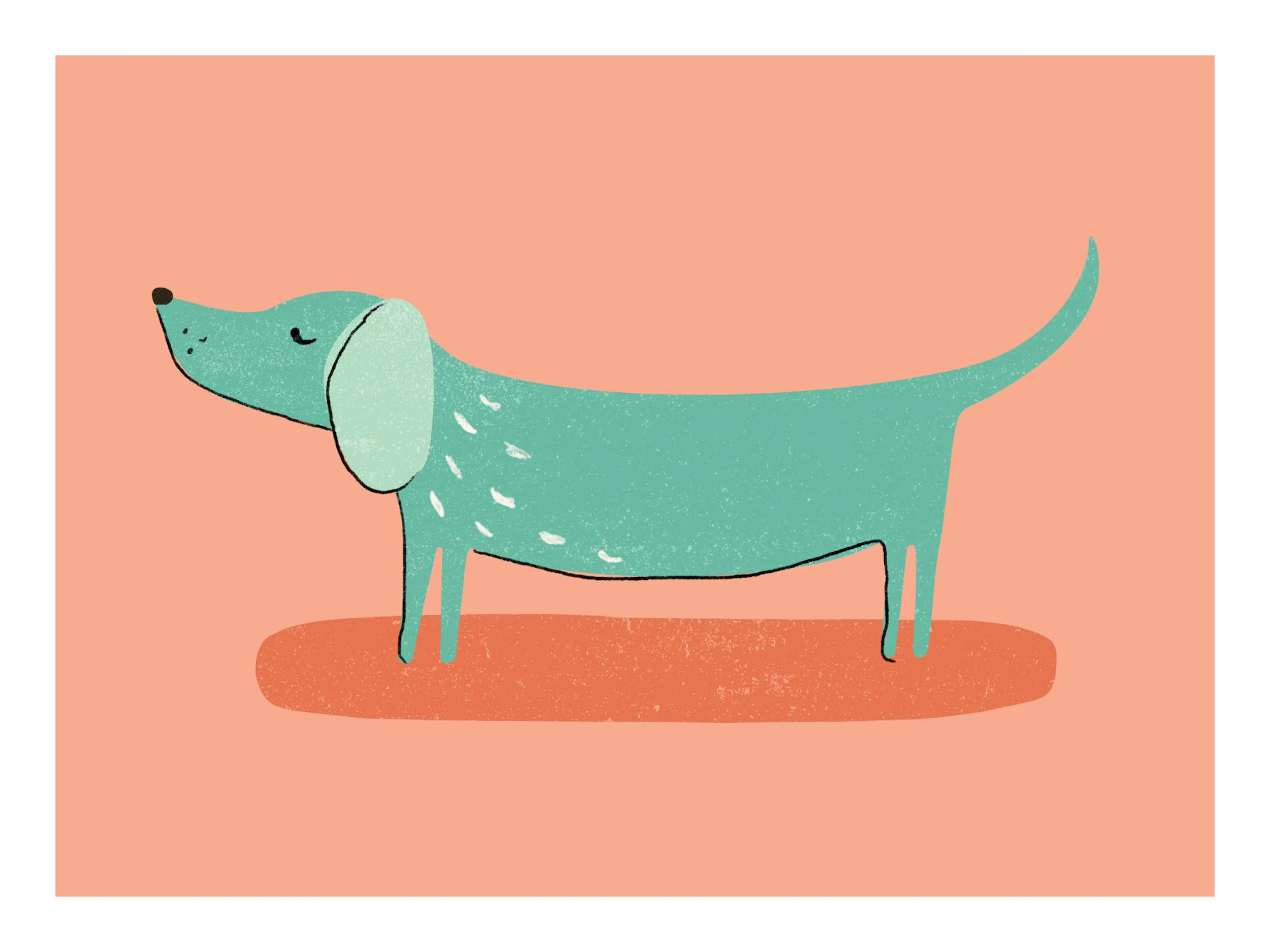 Een poster met een cartoontekening van een turquoise hond met hangoren op een roze achtergrond.
