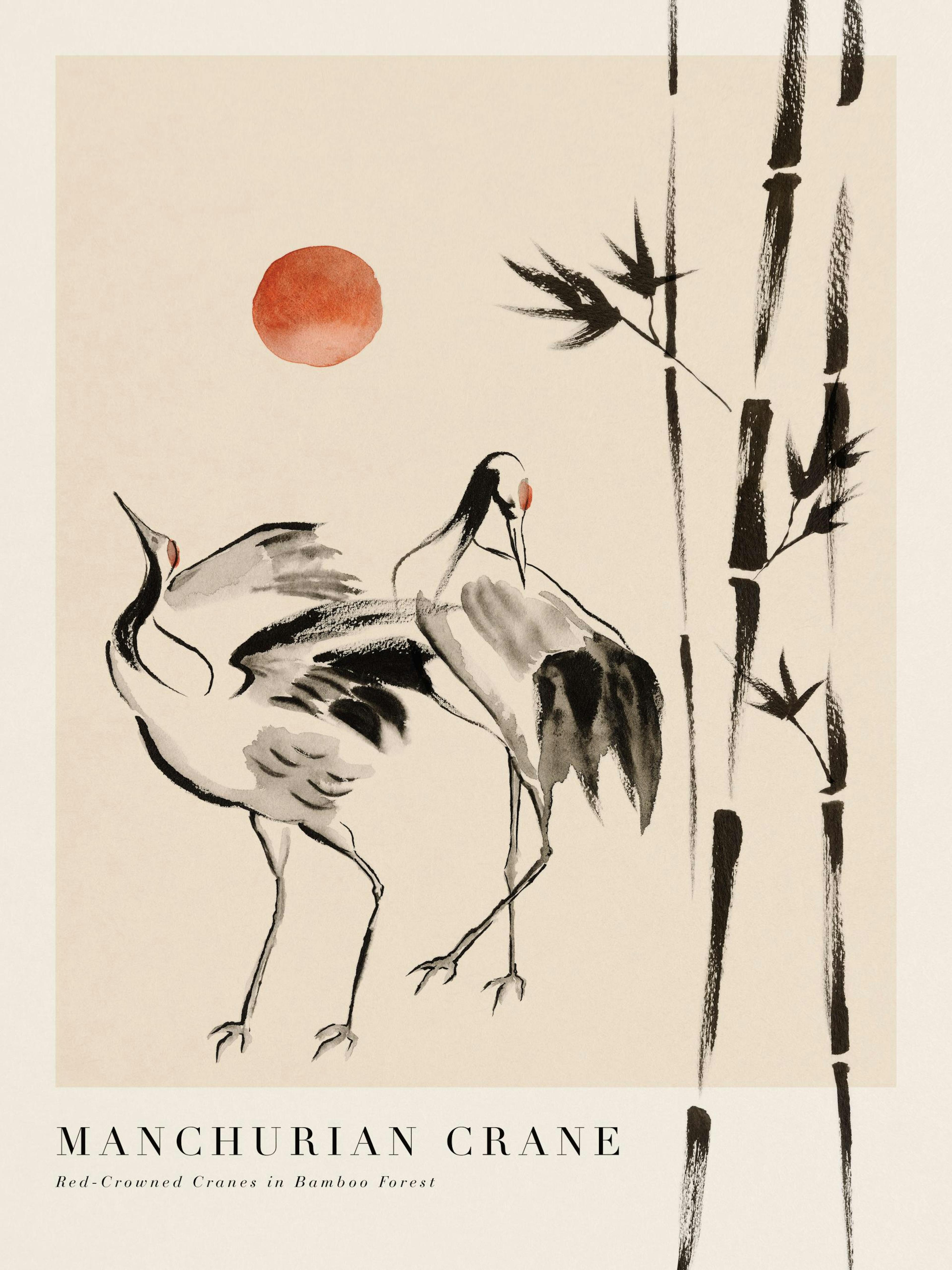 En plakat med to manchuriske traner og bambusstængler i sort tusch, med en rød sol på en lys baggrund.