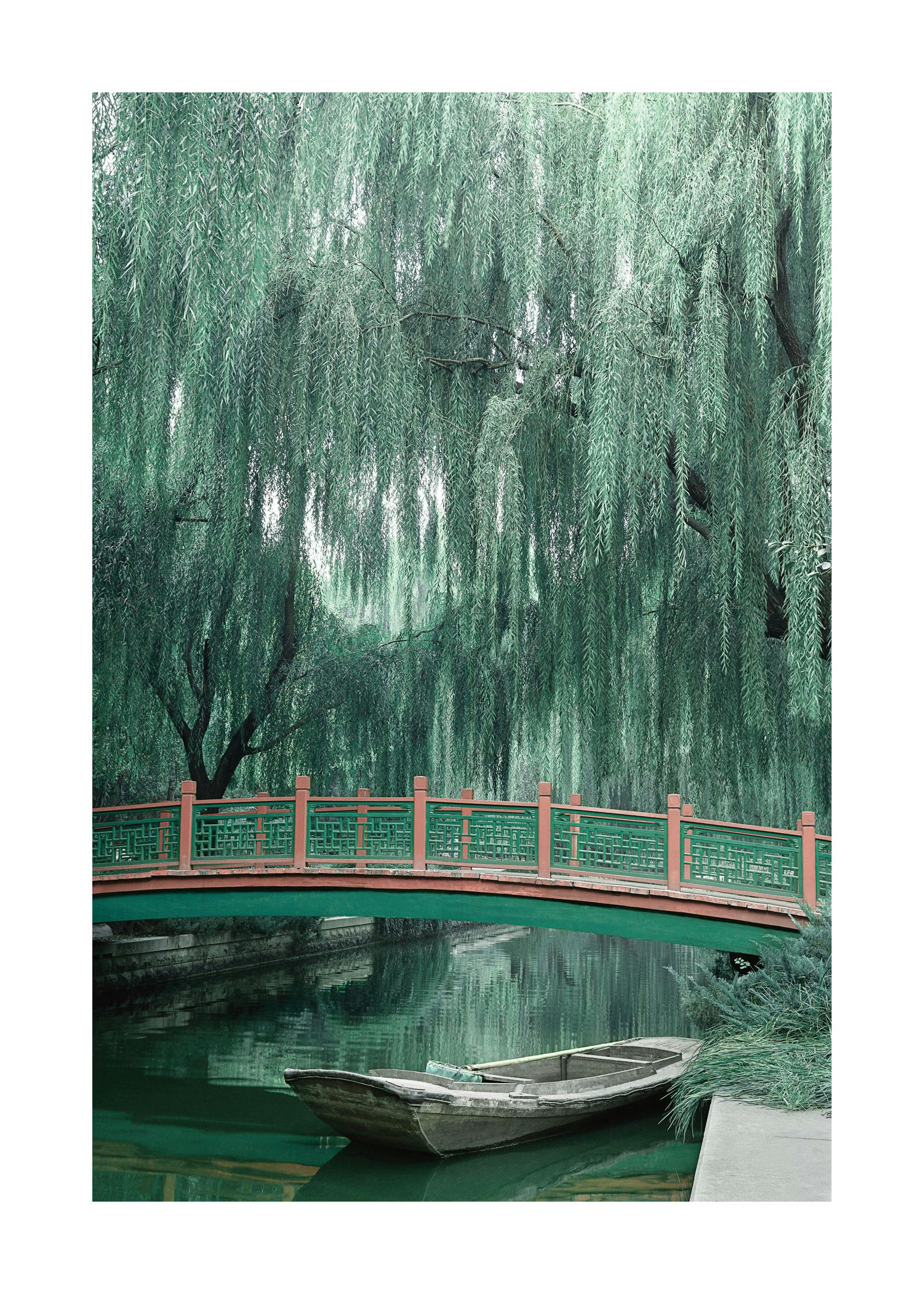 A poster of a tranquil pond with a rustic boat under a bridge, framed by weeping willow trees.