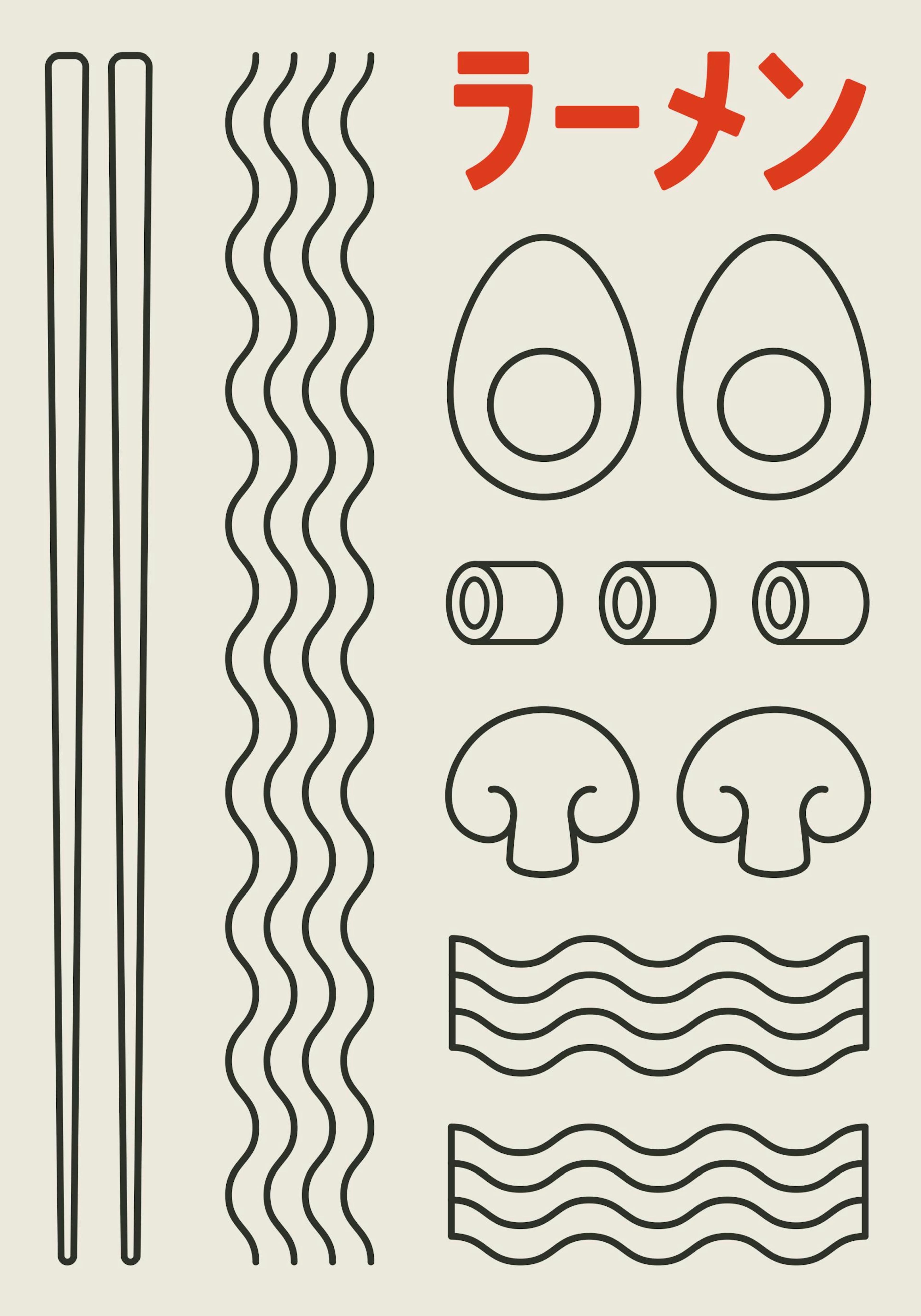 Plakat z minimalistyczną grafiką przedstawiającą składniki ramen: pałeczki, makaron, jajka, pieczarki i mięso, na beżowym tle z 